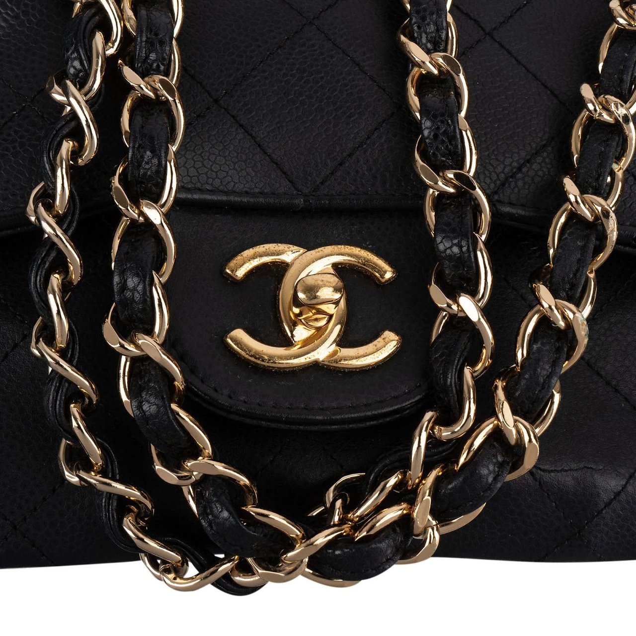 Chanel Chanel Quilted Caviar Leather Jumbo Double Flap Crossbody Bag Zwart