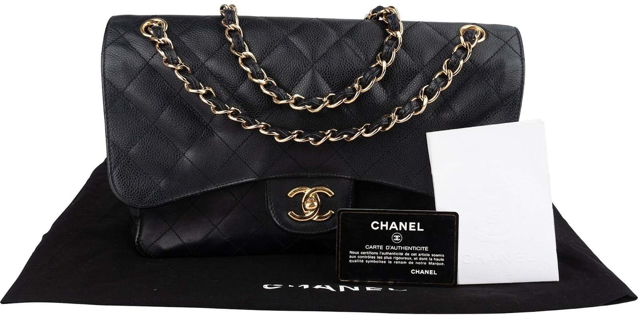 Chanel Chanel Quilted Caviar Leather Jumbo Double Flap Crossbody Bag Zwart