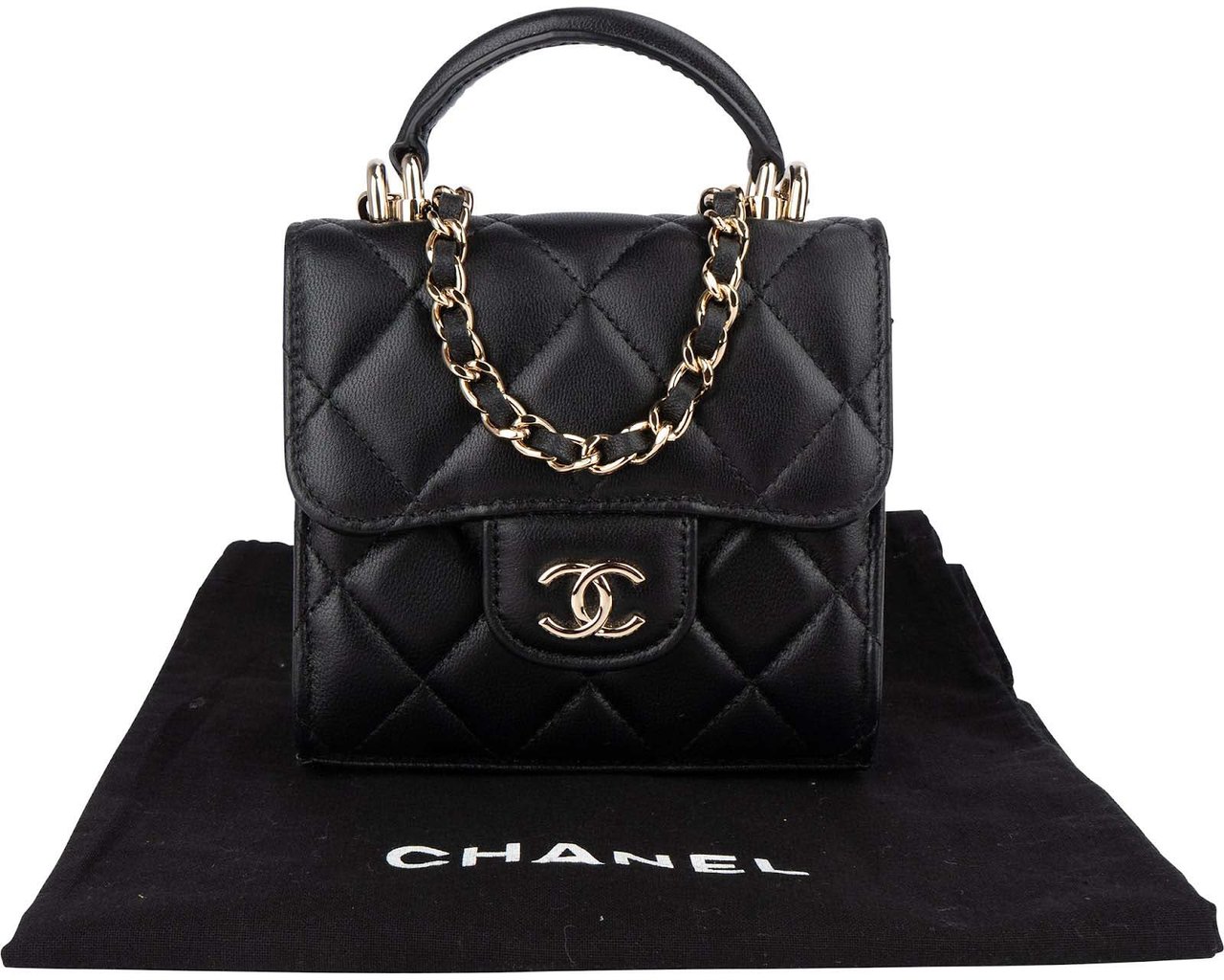 Chanel Chanel Quilted Lambskin Mini Single Flap with Top Handle Crossbody Bag Zwart