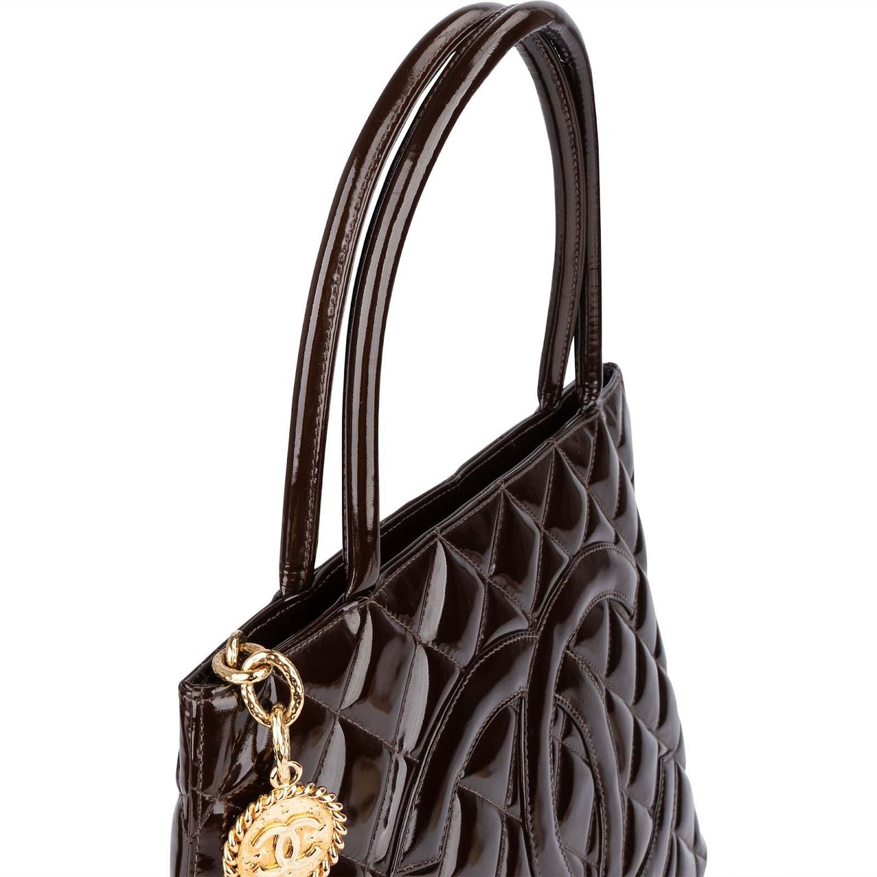 Chanel Chanel Quilted Patent Leather CC Medallion Handbag Bruin