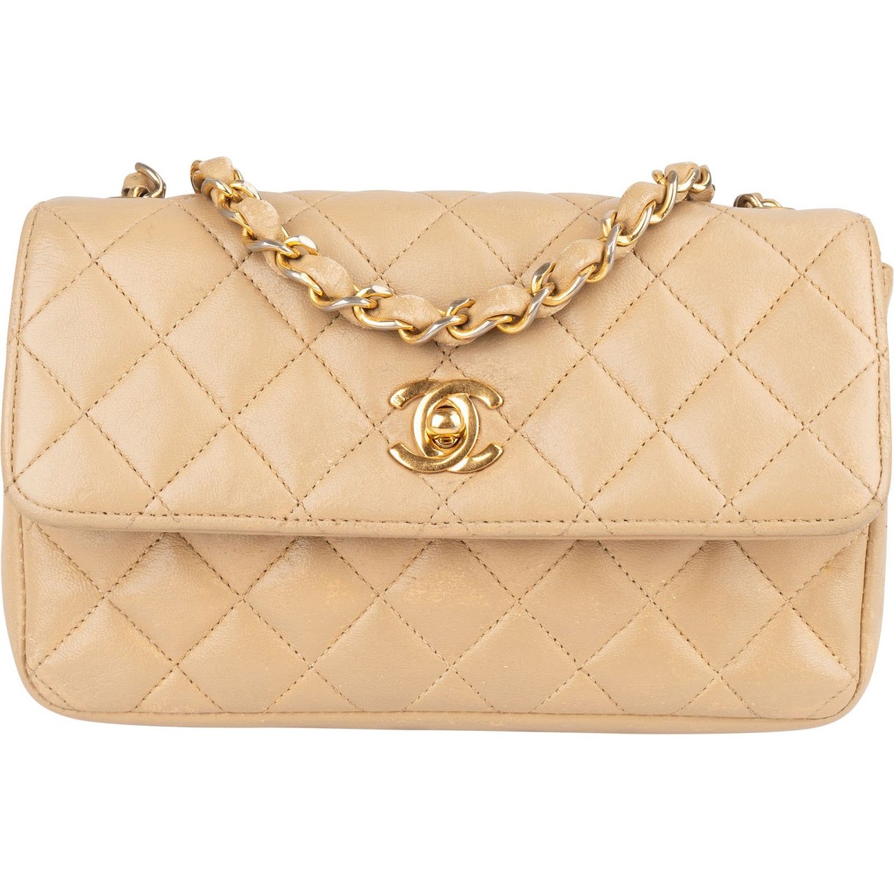 Chanel Chanel Quilted Lambskin 24K Gold Small Single Flap Crossbody Bag Beige