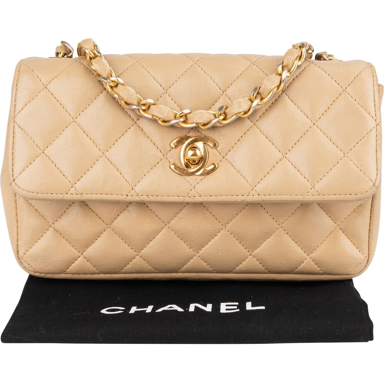 Chanel Chanel Quilted Lambskin 24K Gold Small Single Flap Crossbody Bag Beige