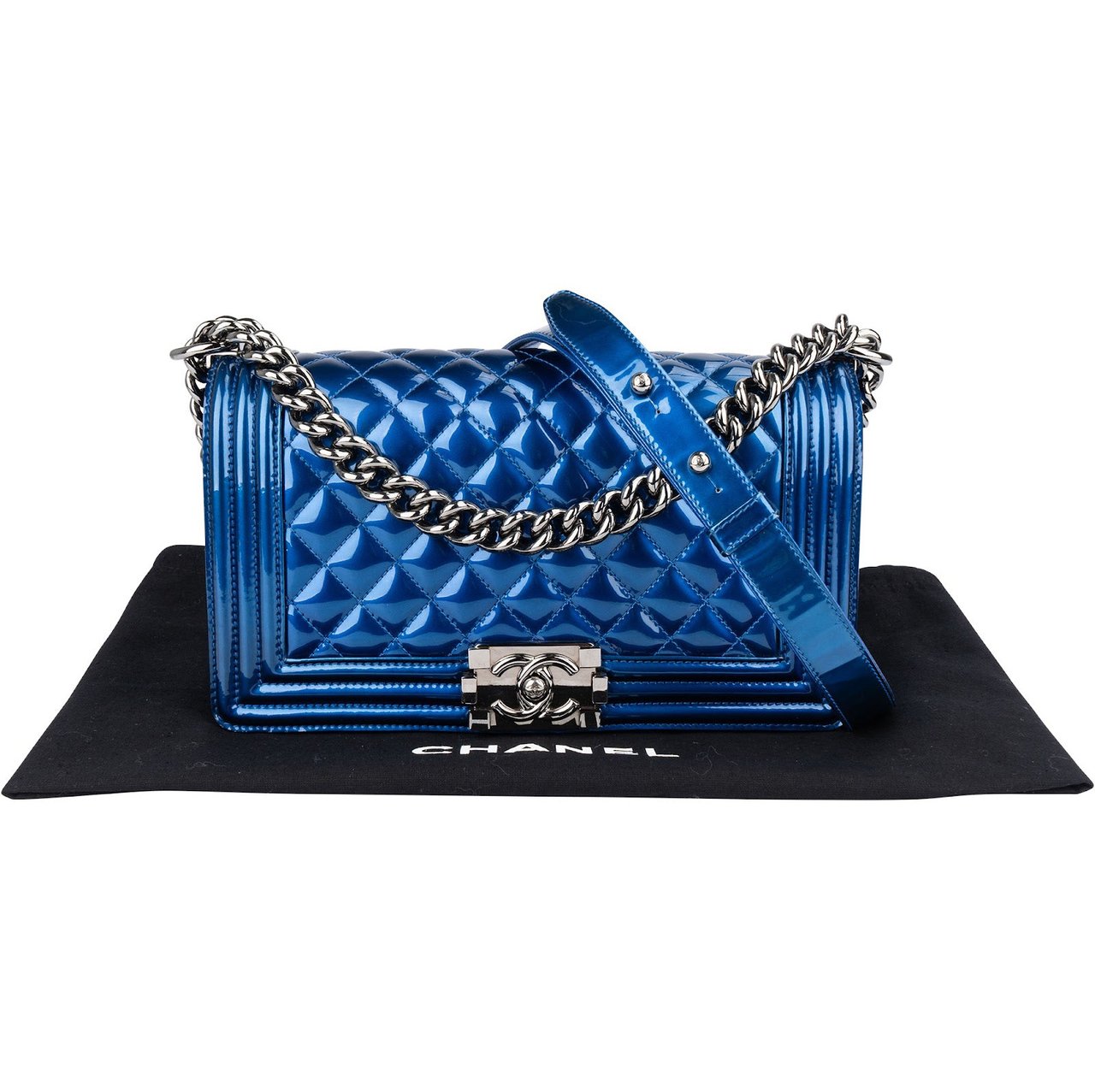 Chanel Chanel Quilted Patent Leather Boy Single Flap Crossbody Bag Blauw