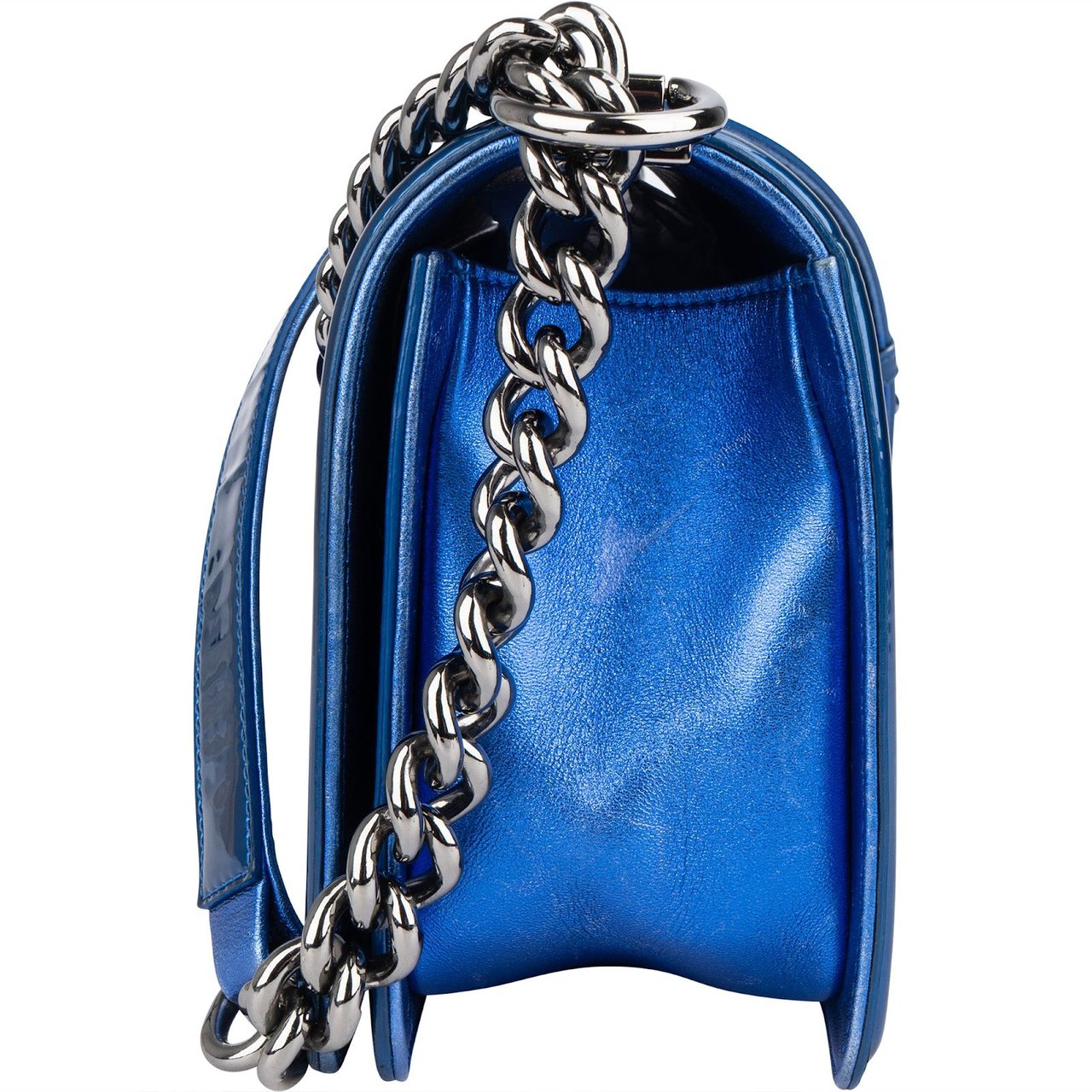 Chanel Chanel Quilted Patent Leather Boy Single Flap Crossbody Bag Blauw