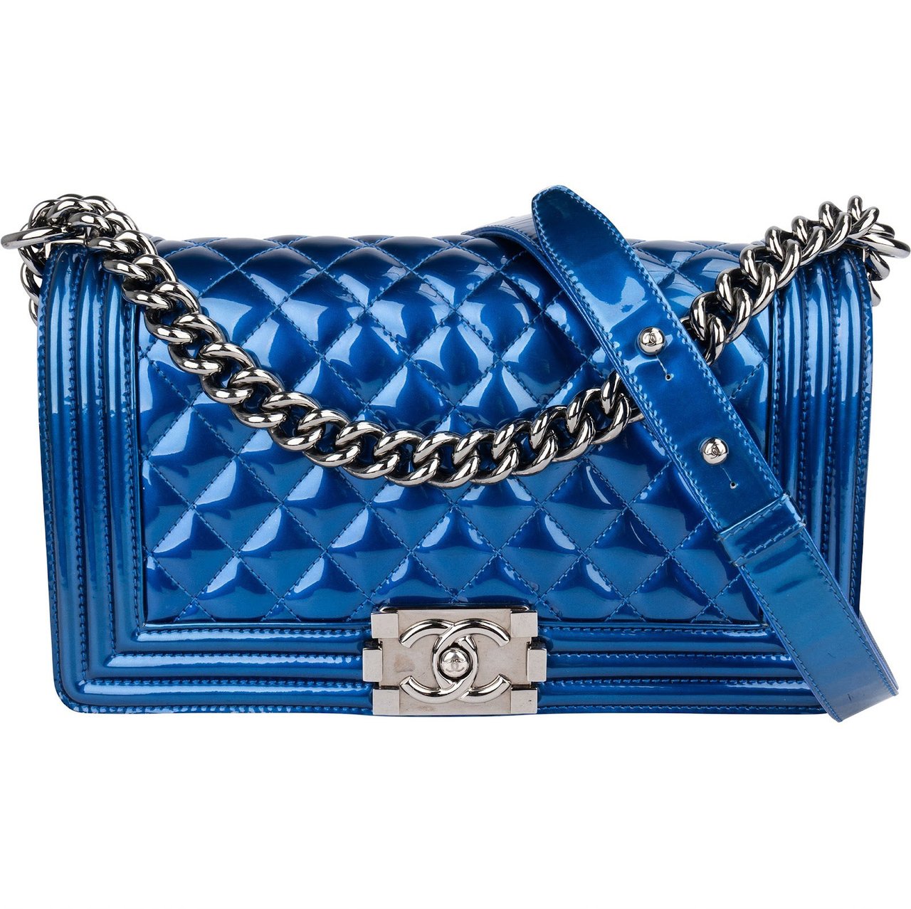 Chanel Chanel Quilted Patent Leather Boy Single Flap Crossbody Bag Blauw
