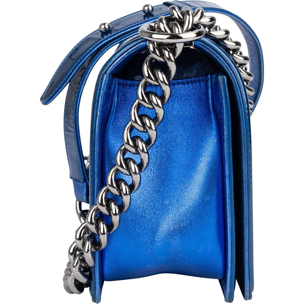 Chanel Chanel Quilted Patent Leather Boy Single Flap Crossbody Bag Blauw