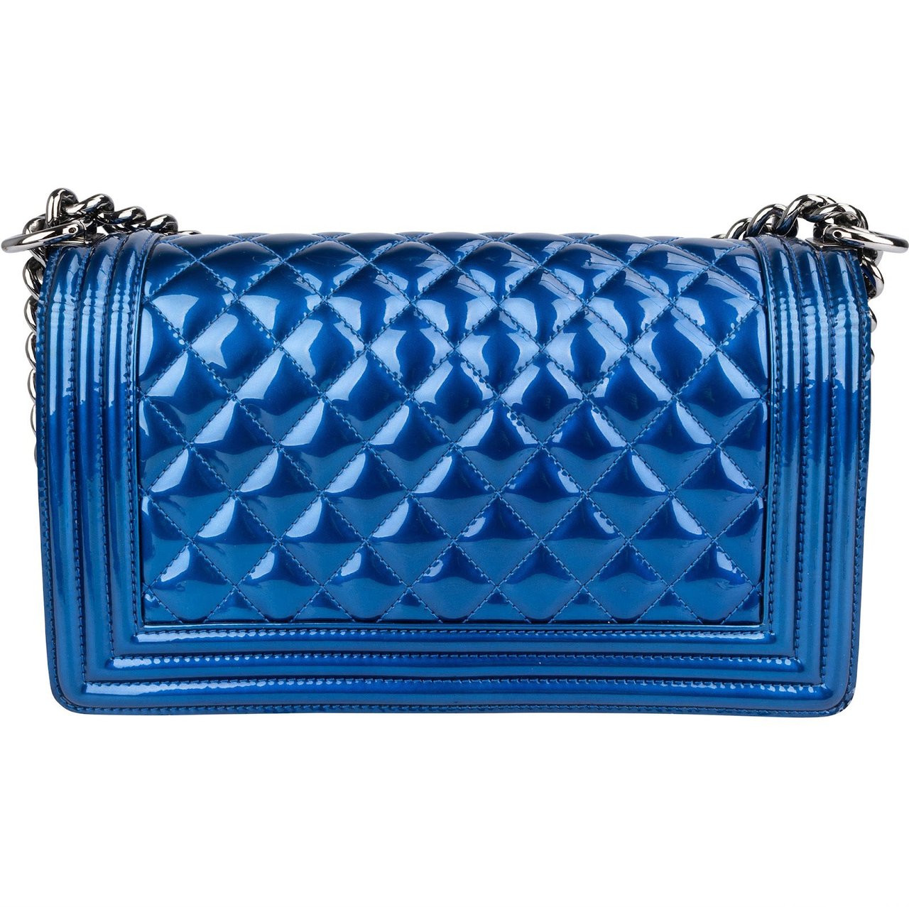 Chanel Chanel Quilted Patent Leather Boy Single Flap Crossbody Bag Blauw