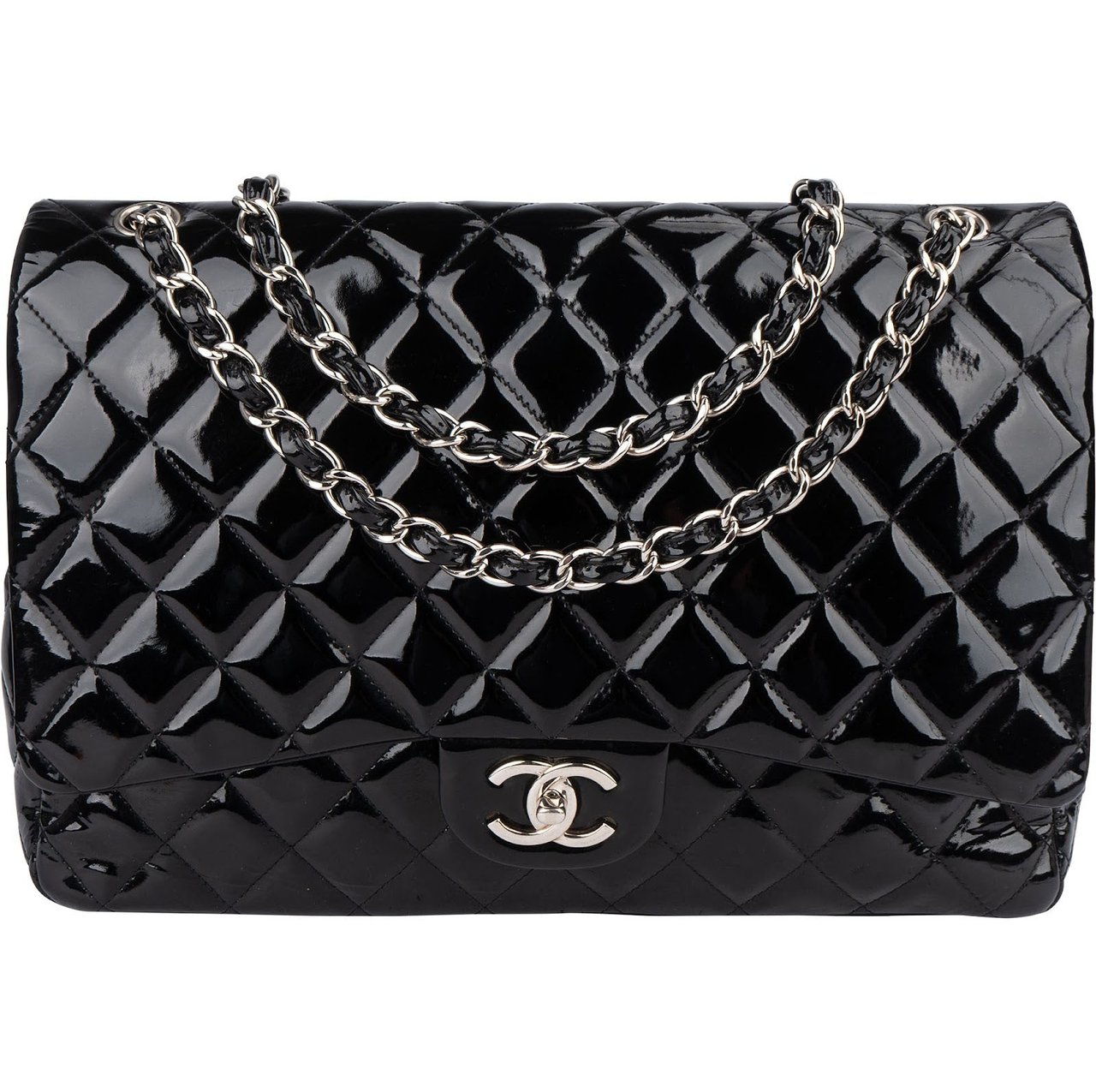 Chanel Chanel Quilted Patent Leather Maxi Double Flap Crossbody Bag Zwart