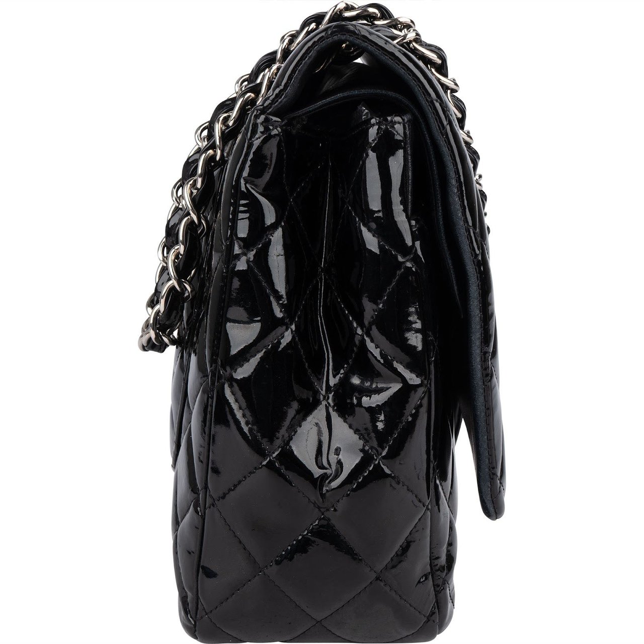 Chanel Chanel Quilted Patent Leather Maxi Double Flap Crossbody Bag Zwart