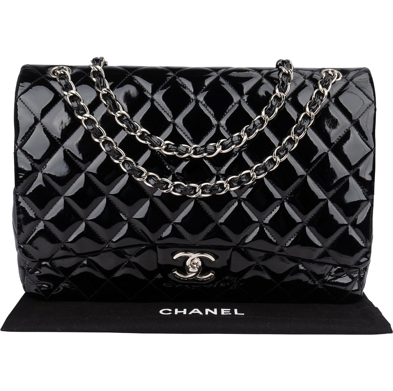 Chanel Chanel Quilted Patent Leather Maxi Double Flap Crossbody Bag Zwart