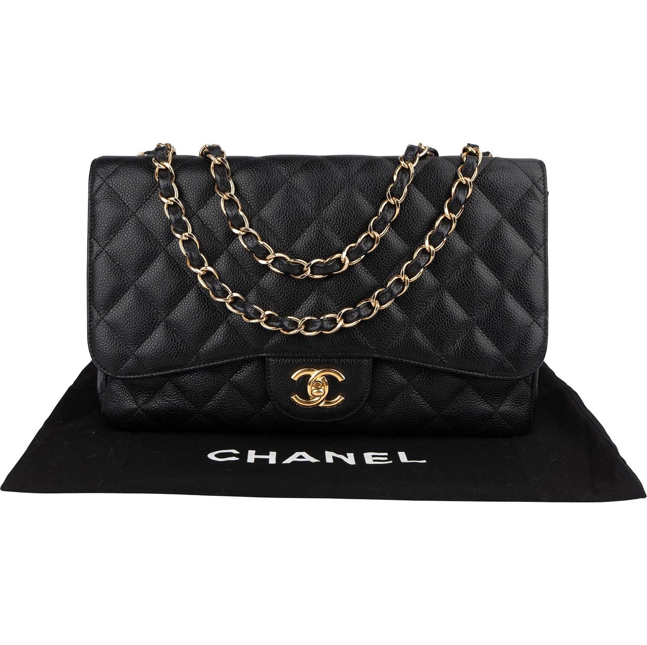 Chanel Chanel Quilted Caviar Leather Jumbo Single Flap Crossbody Bag Zwart