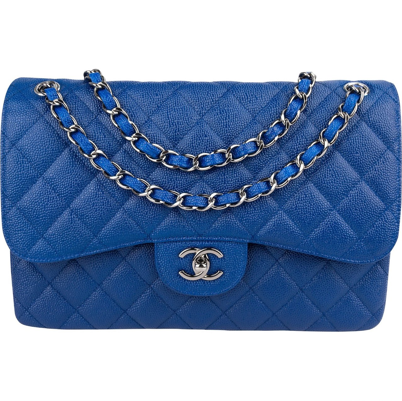 Chanel Quilted Caviar Leather Jumbo Double Flap Crossbody Bag Blauw