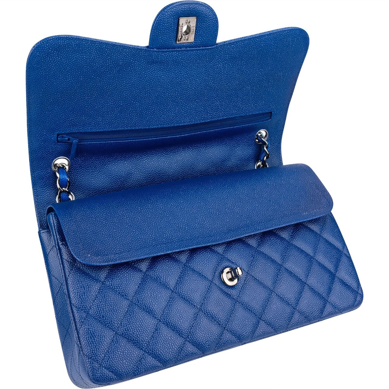 Chanel Quilted Caviar Leather Jumbo Double Flap Crossbody Bag Blauw