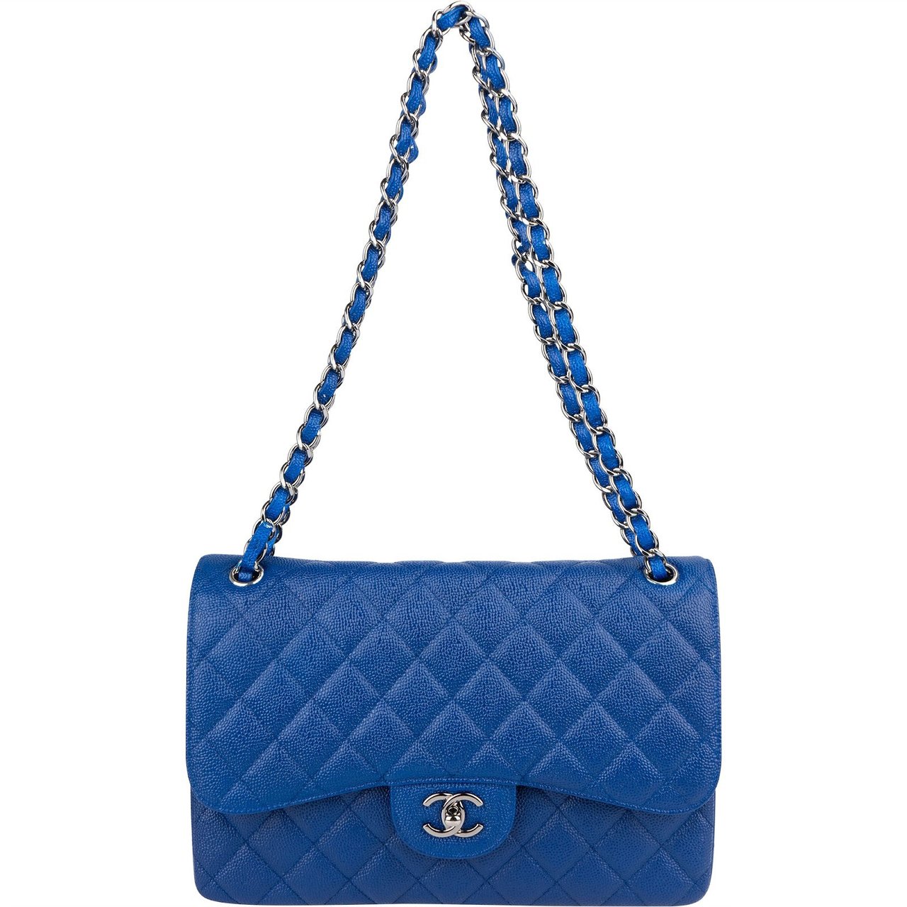 Chanel Quilted Caviar Leather Jumbo Double Flap Crossbody Bag Blauw