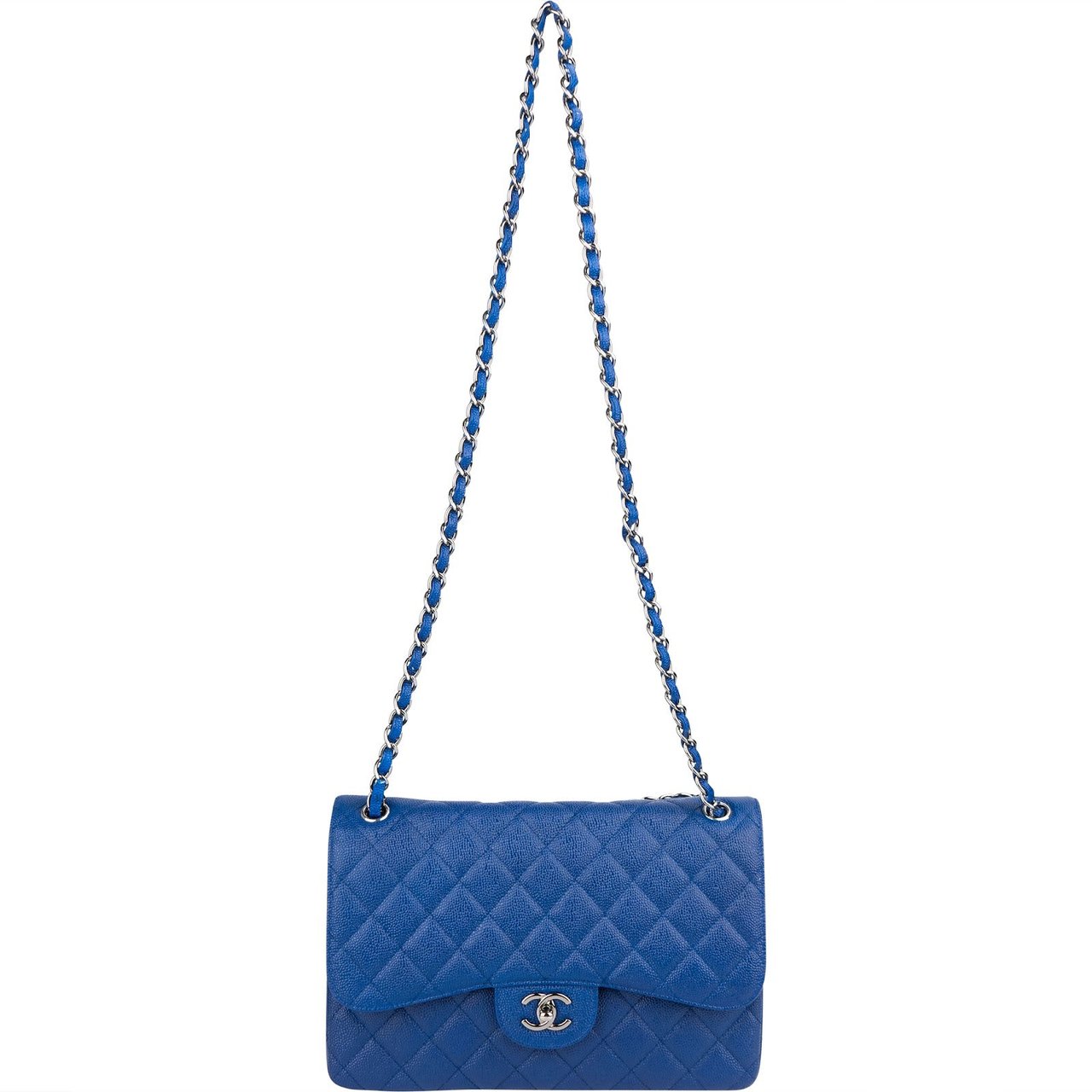 Chanel Quilted Caviar Leather Jumbo Double Flap Crossbody Bag Blauw