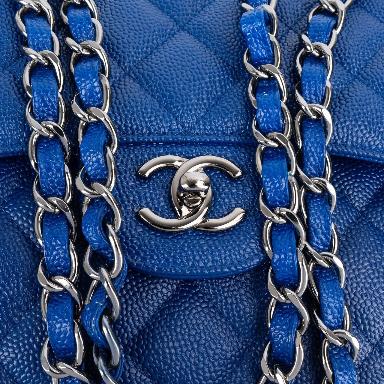 Chanel Quilted Caviar Leather Jumbo Double Flap Crossbody Bag Blauw