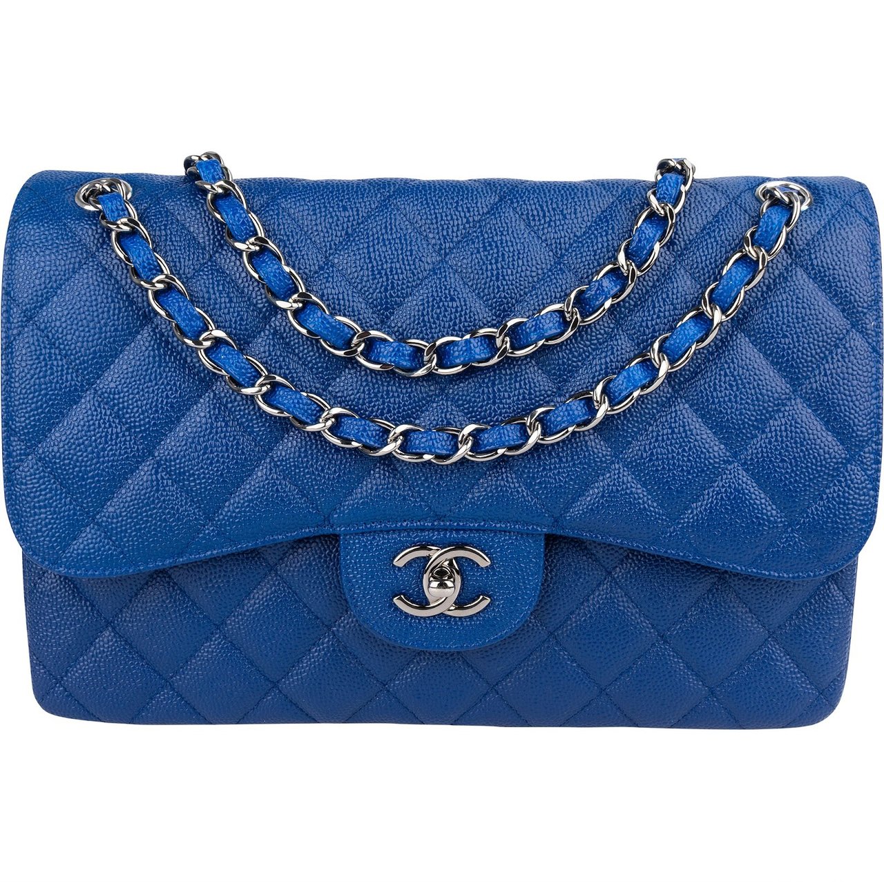 Chanel Quilted Caviar Leather Jumbo Double Flap Crossbody Bag Blauw