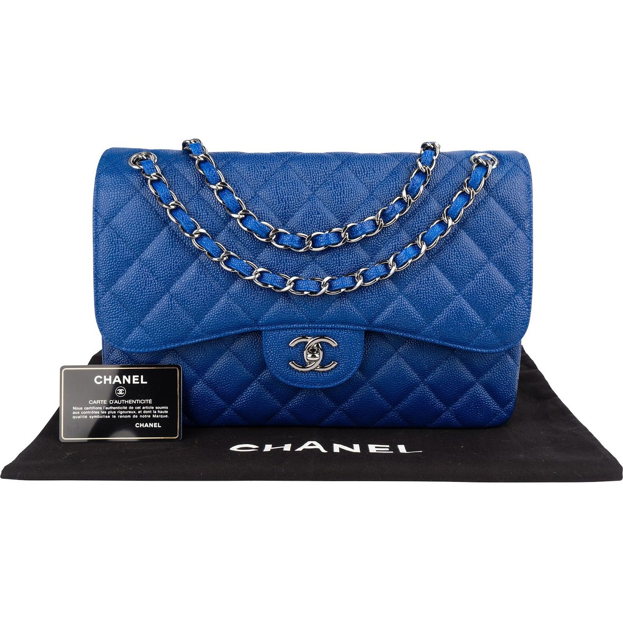 Chanel Quilted Caviar Leather Jumbo Double Flap Crossbody Bag Blauw
