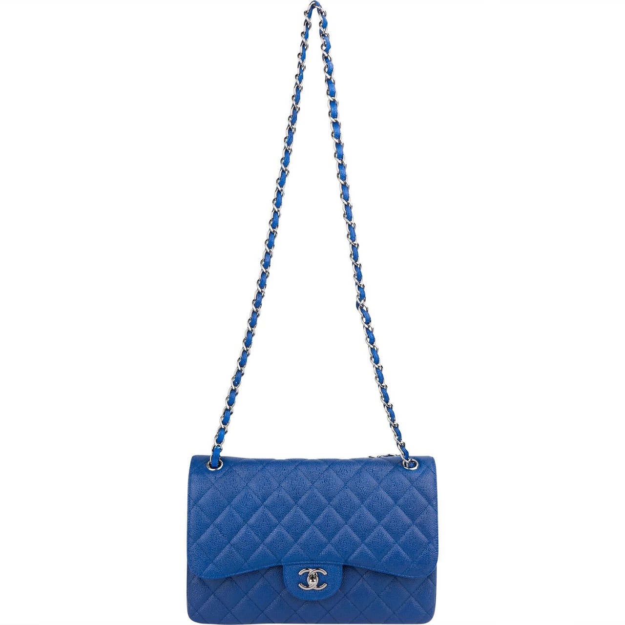 Chanel Quilted Caviar Leather Jumbo Double Flap Crossbody Bag Blauw