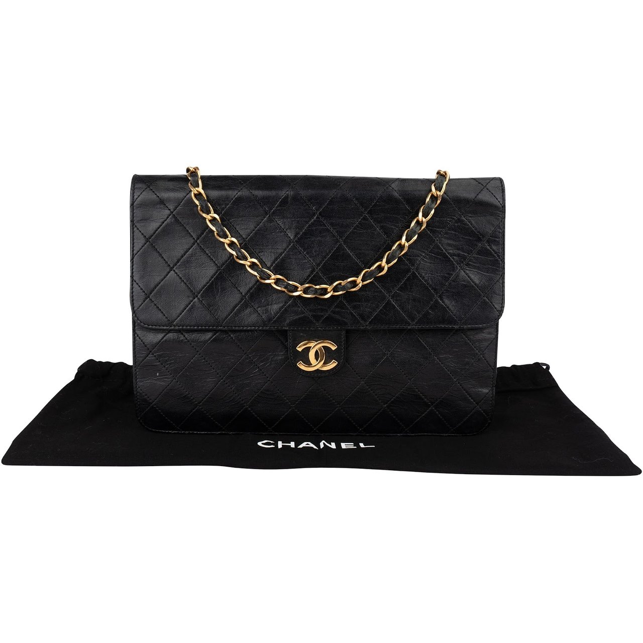 Chanel Chanel Quilted Lambskin 24K Gold Single Flap Shoulder Bag Zwart
