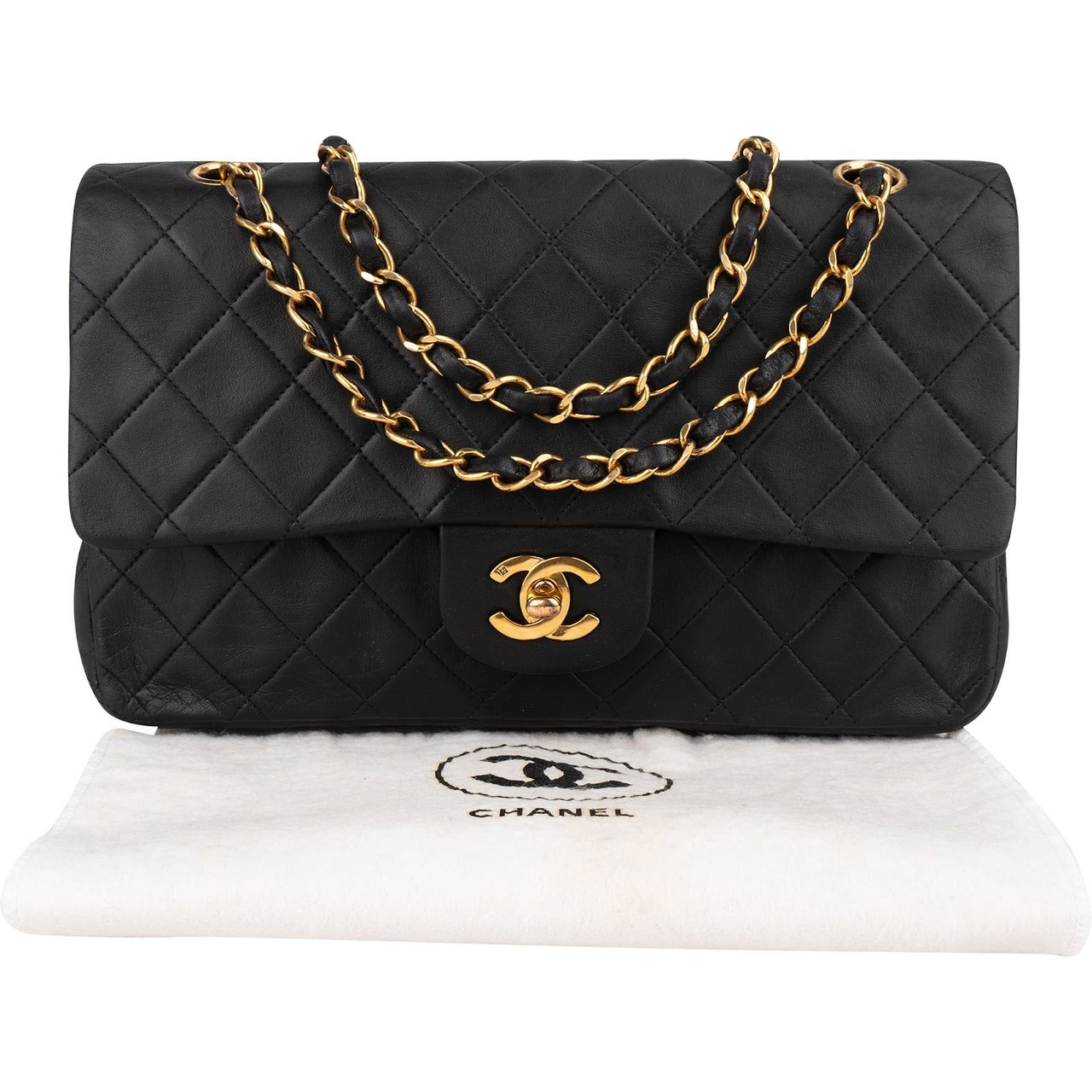 Chanel Chanel Quilted Lambskin 24K Gold Medium Double Flap Crossbody Bag Zwart