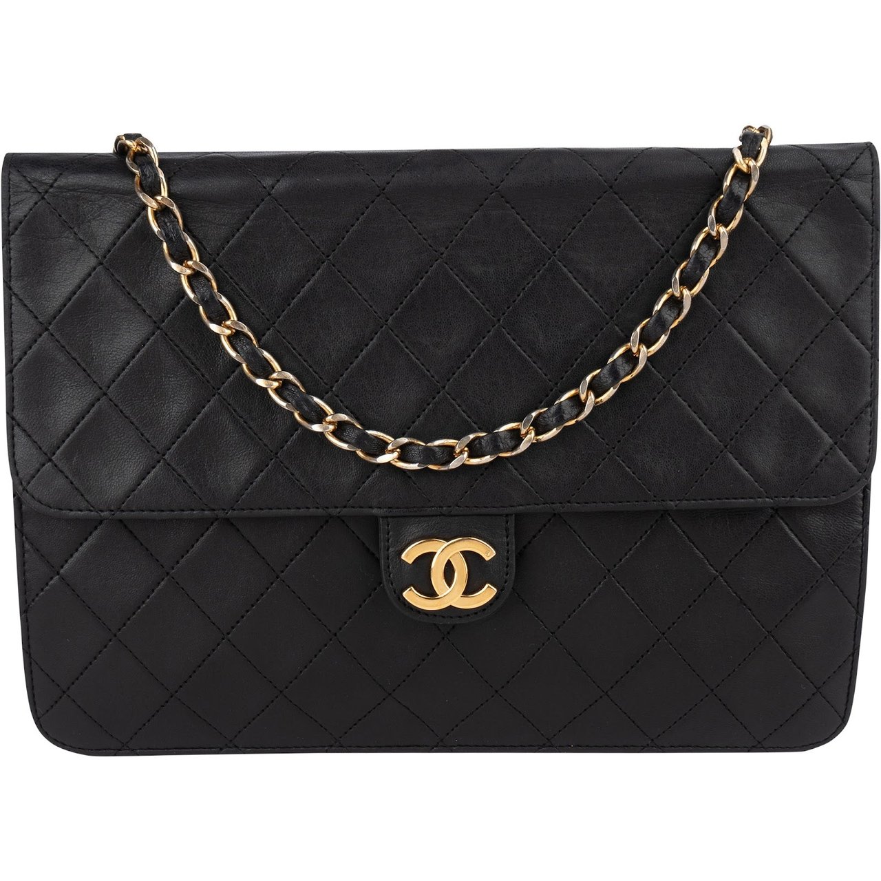 Chanel Chanel Quilted Lambskin 24K Gold Single Flap Crossbody Bag Zwart