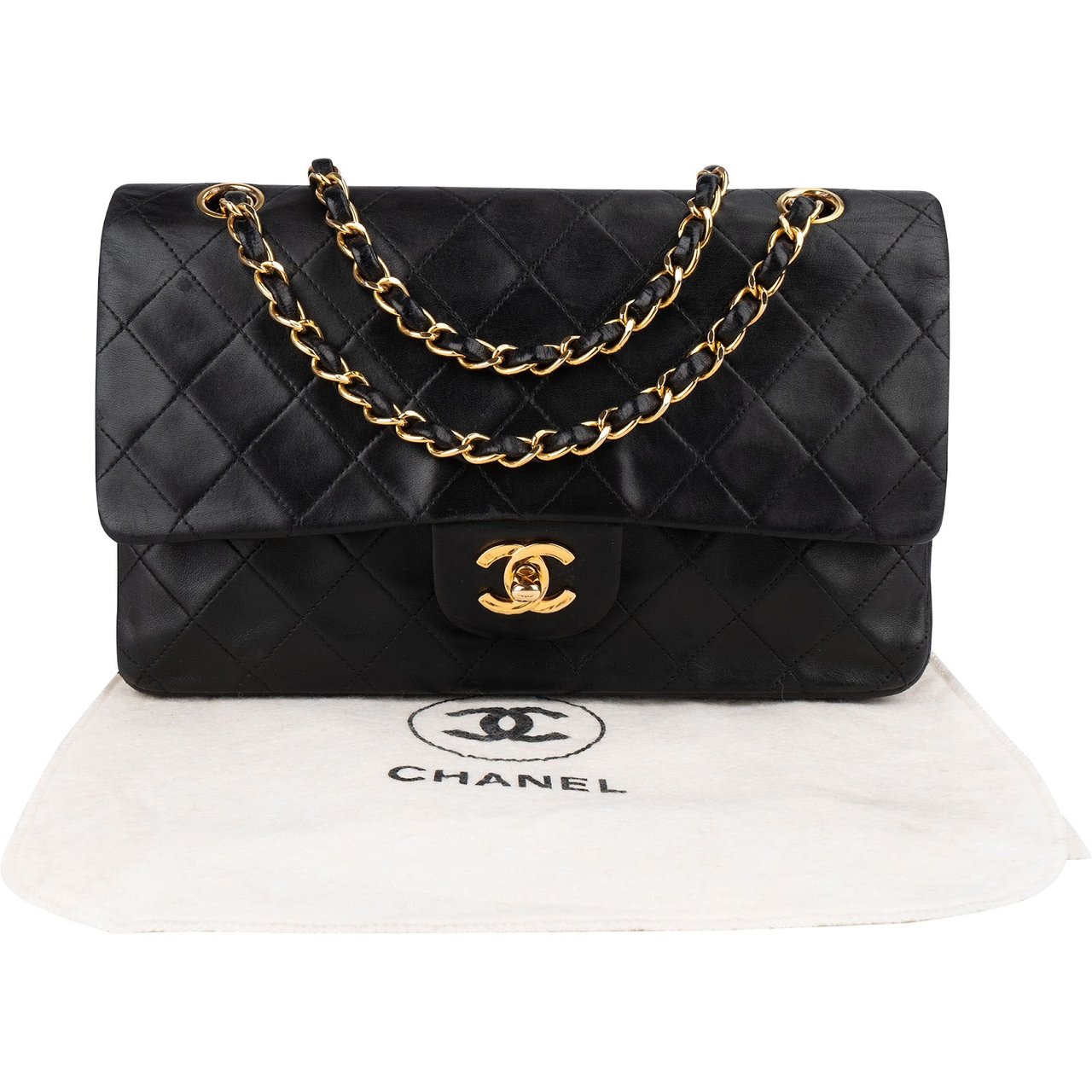 Chanel Chanel Quilted Lambskin 24K Gold Medium Double Flap Crossbody Bag Zwart