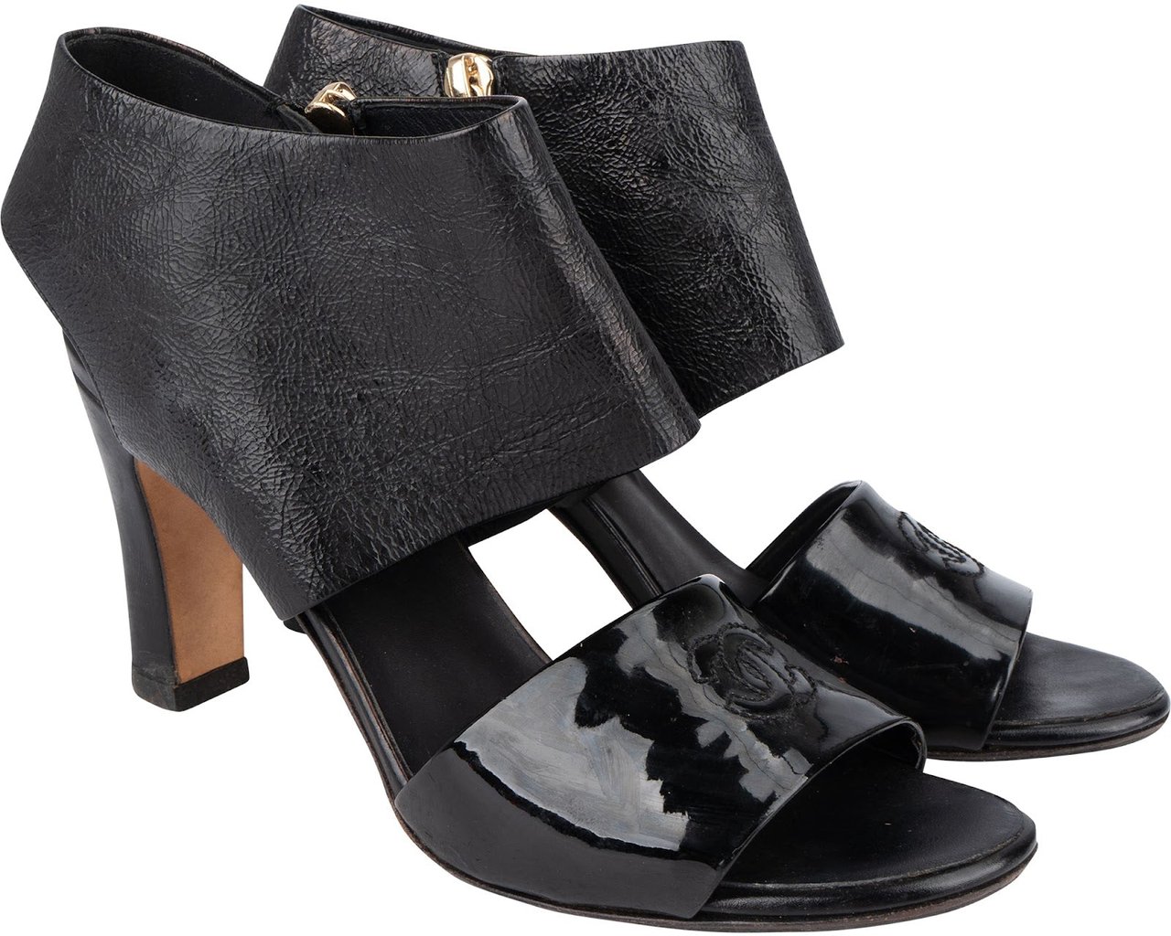 Chanel Chanel Black Leather Ankle Cuff Patent Sandals Heels (35) Zwart