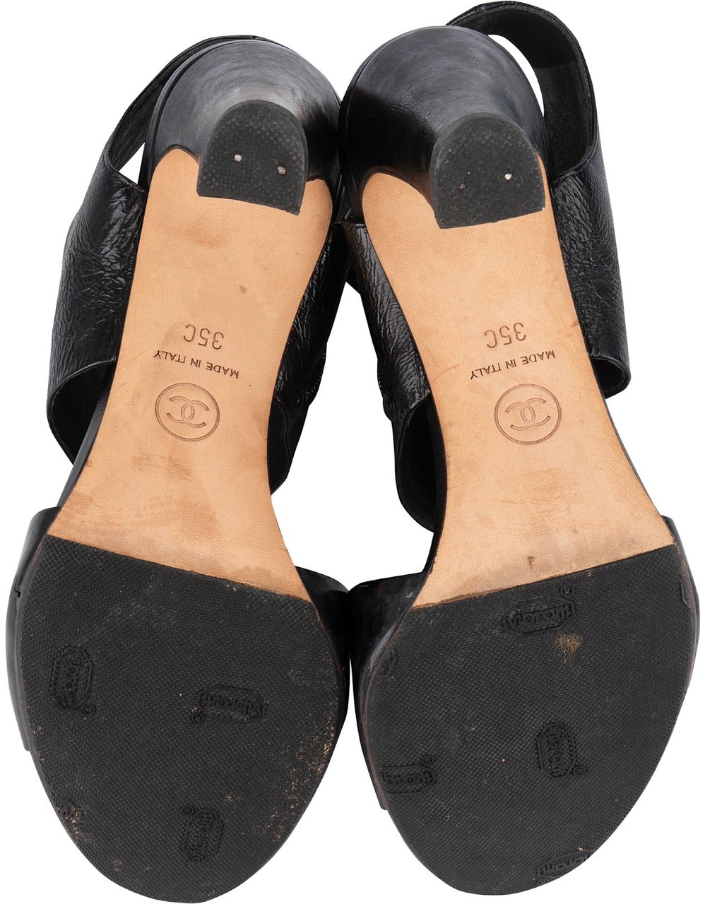 Chanel Chanel Black Leather Ankle Cuff Patent Sandals Heels (35) Zwart