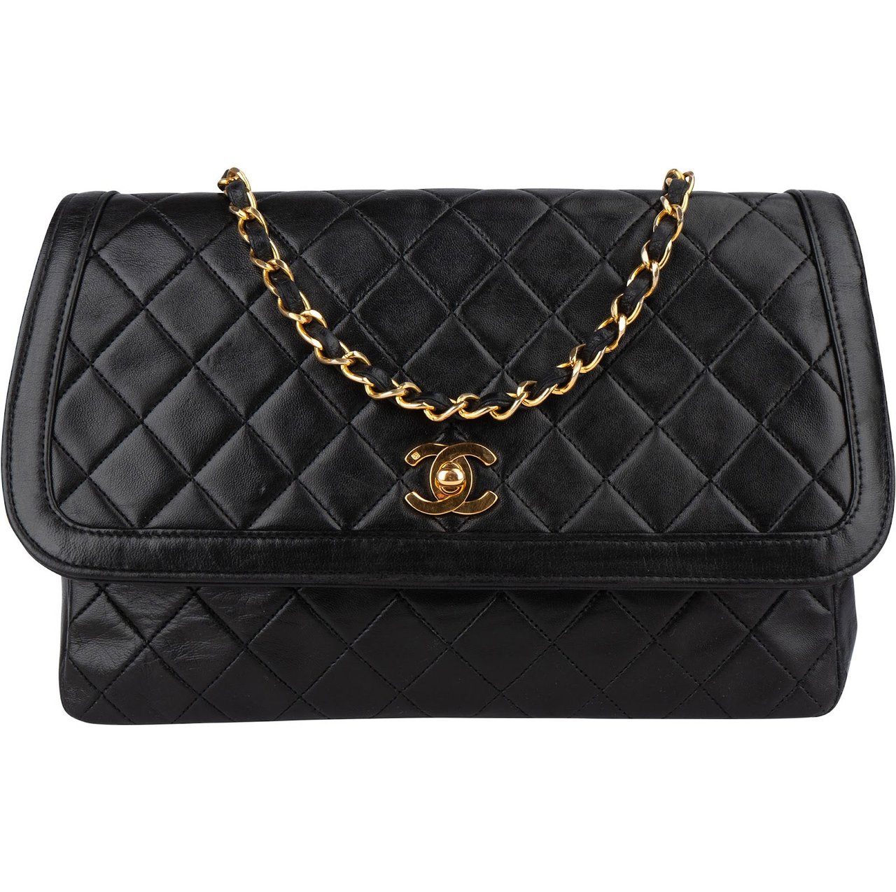 Chanel Chanel Quilted Lambskin Medium 24K Gold Single Flap Crossbody Bag Zwart