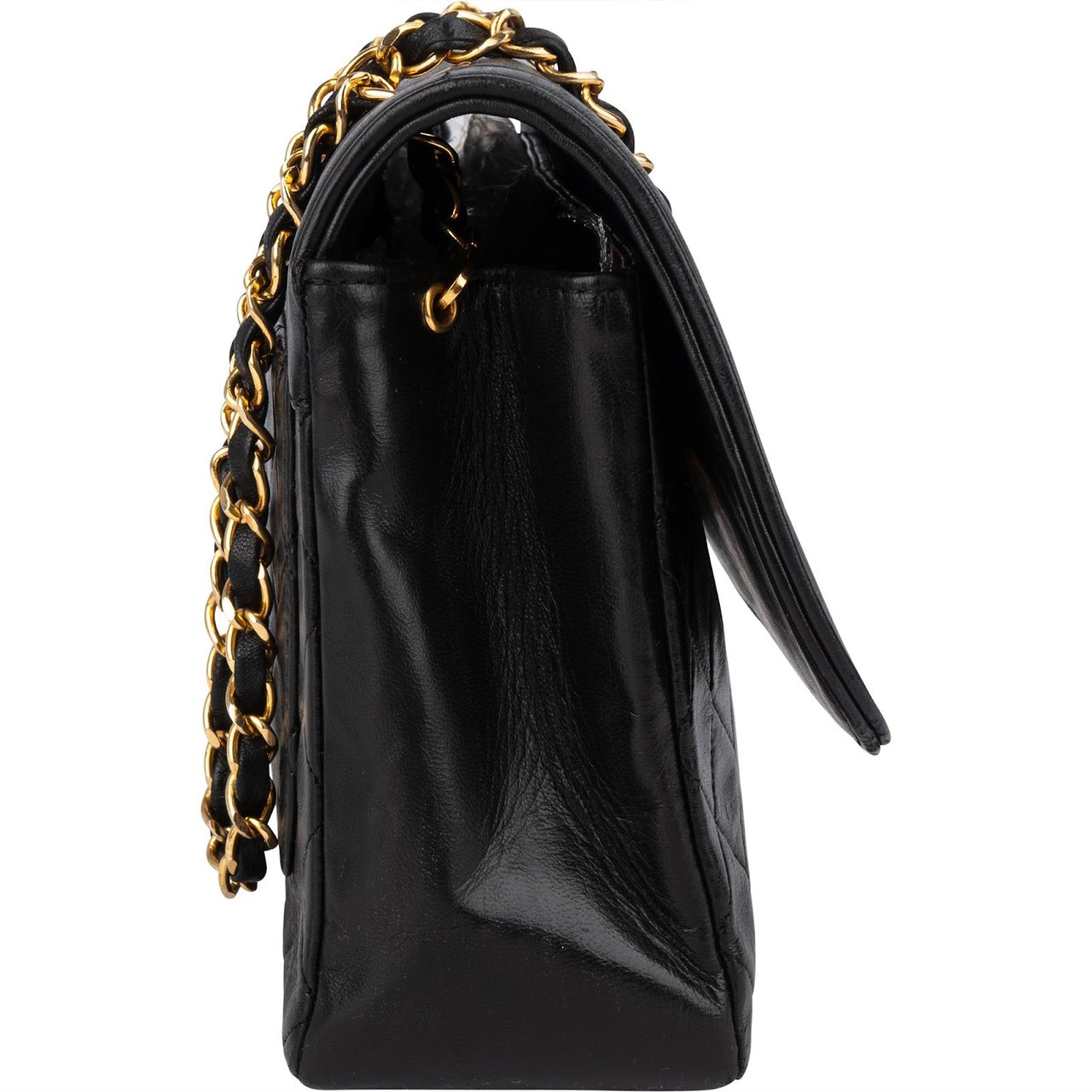 Chanel Chanel Quilted Lambskin Medium 24K Gold Single Flap Crossbody Bag Zwart