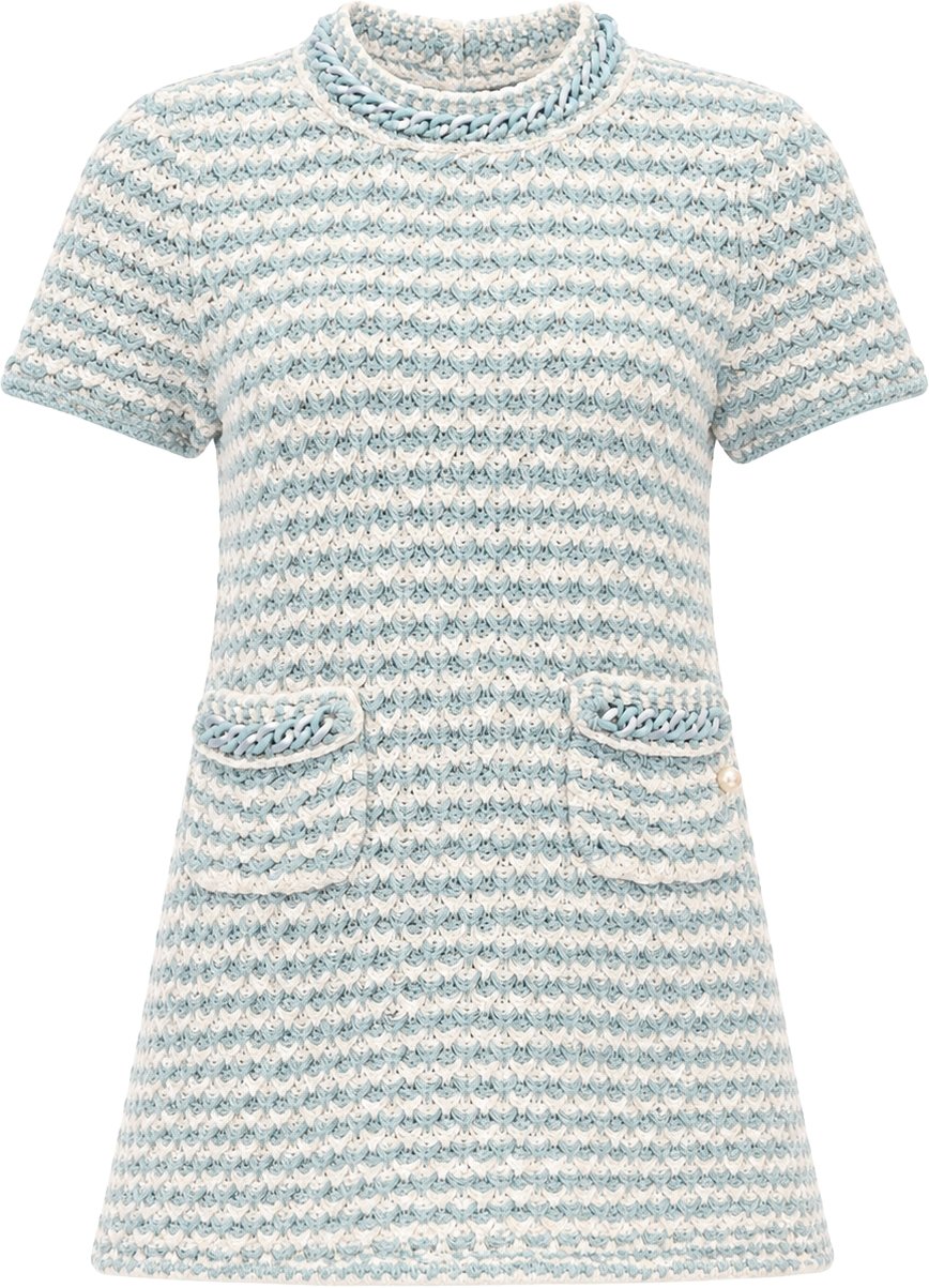 Chanel Multicolor Knit Chain Trim Tweed Dress (DE34-36 / XS-S) Lichtblauw