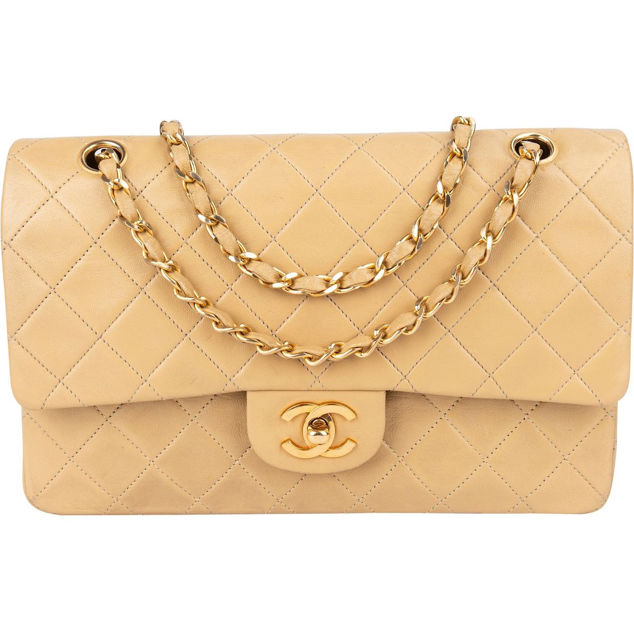 Chanel Chanel Quilted Lambskin 24K Gold Medium Double Flap Crossbody Bag Beige