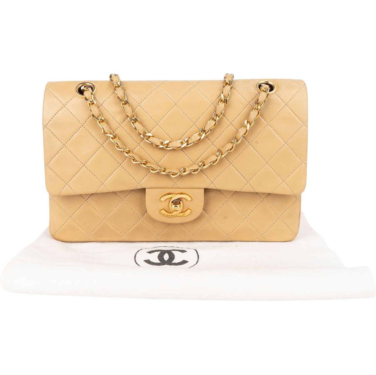 Chanel Chanel Quilted Lambskin 24K Gold Medium Double Flap Crossbody Bag Beige