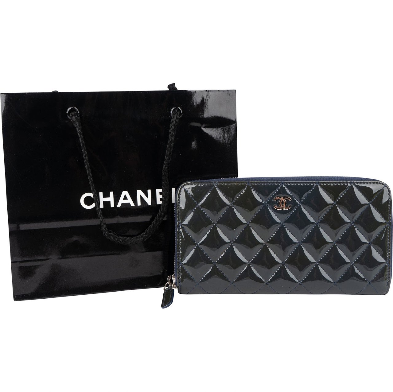 Chanel Quilted Patent Leather CC CC Wallet Navy