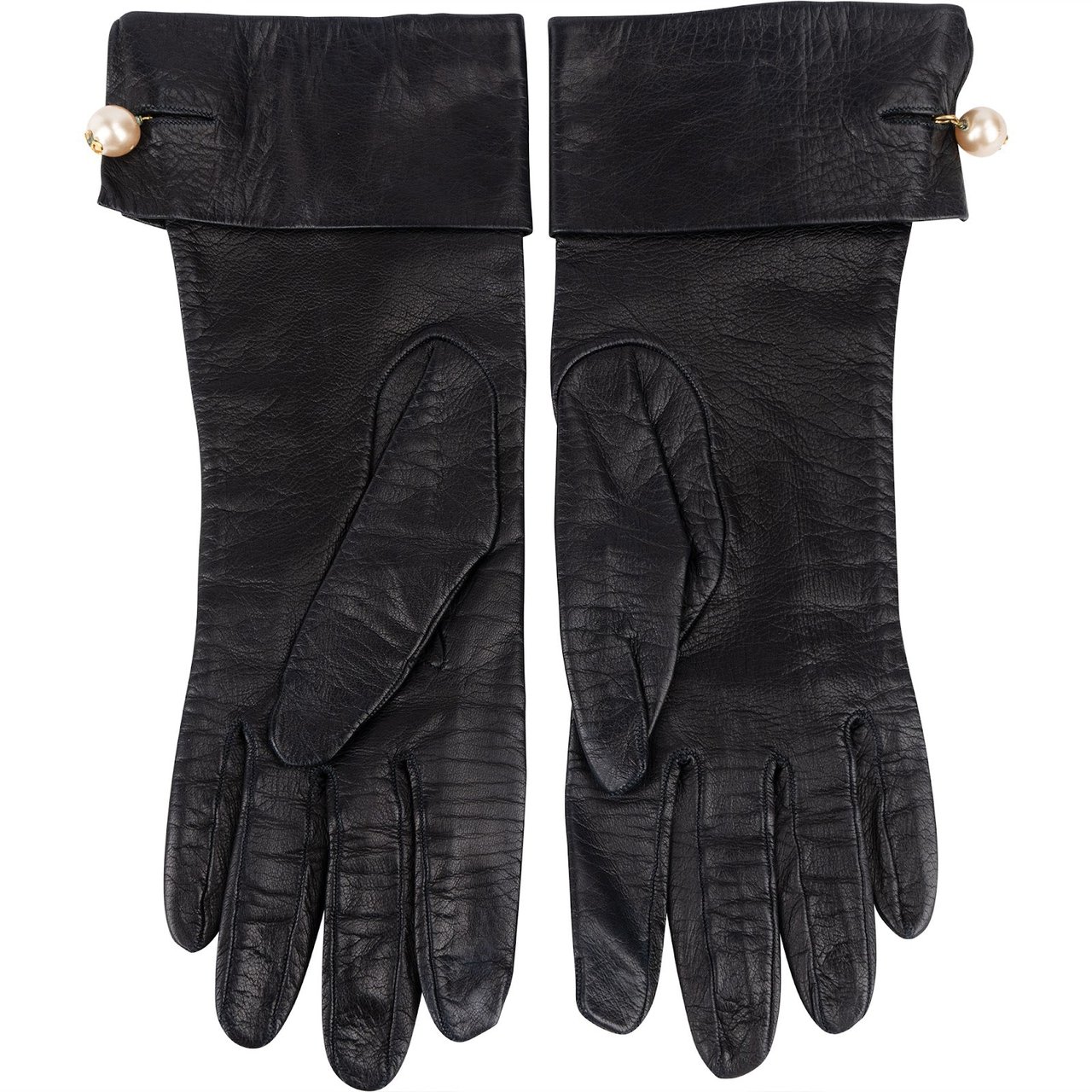 Chanel Chanel Black Leather Pearl Cuff Gloves Zwart