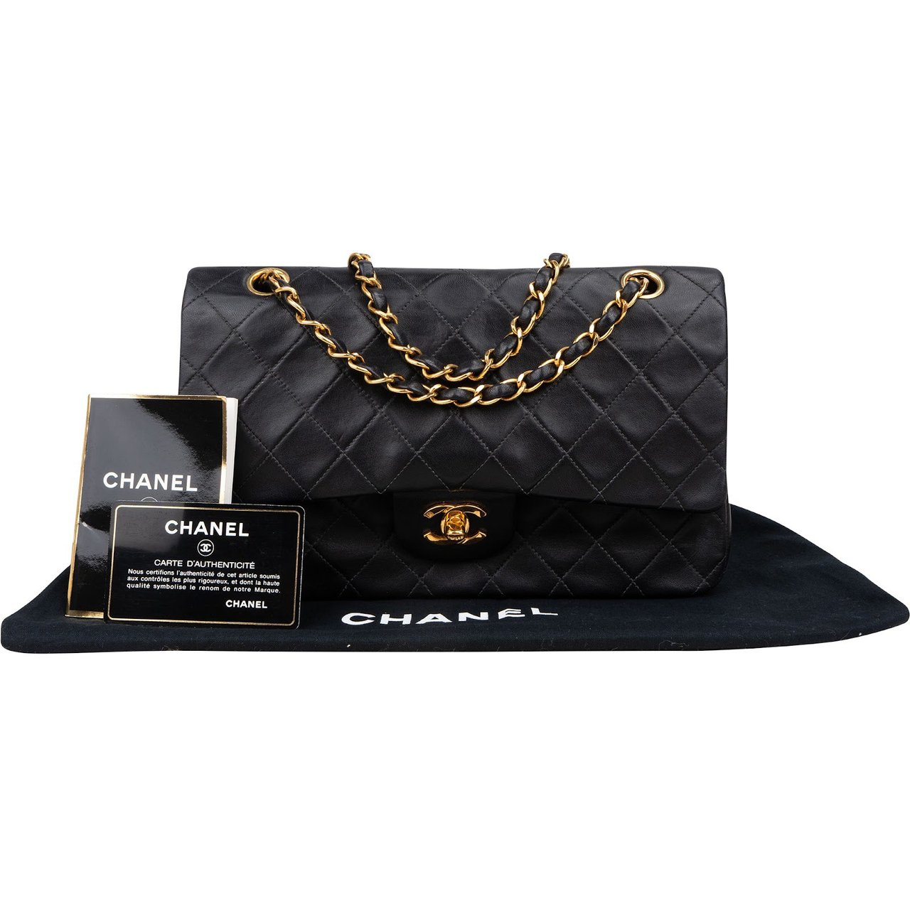 Chanel Chanel Quilted Lambskin Medium 24K Gold Medium Double Flap Crossbody Bag Zwart