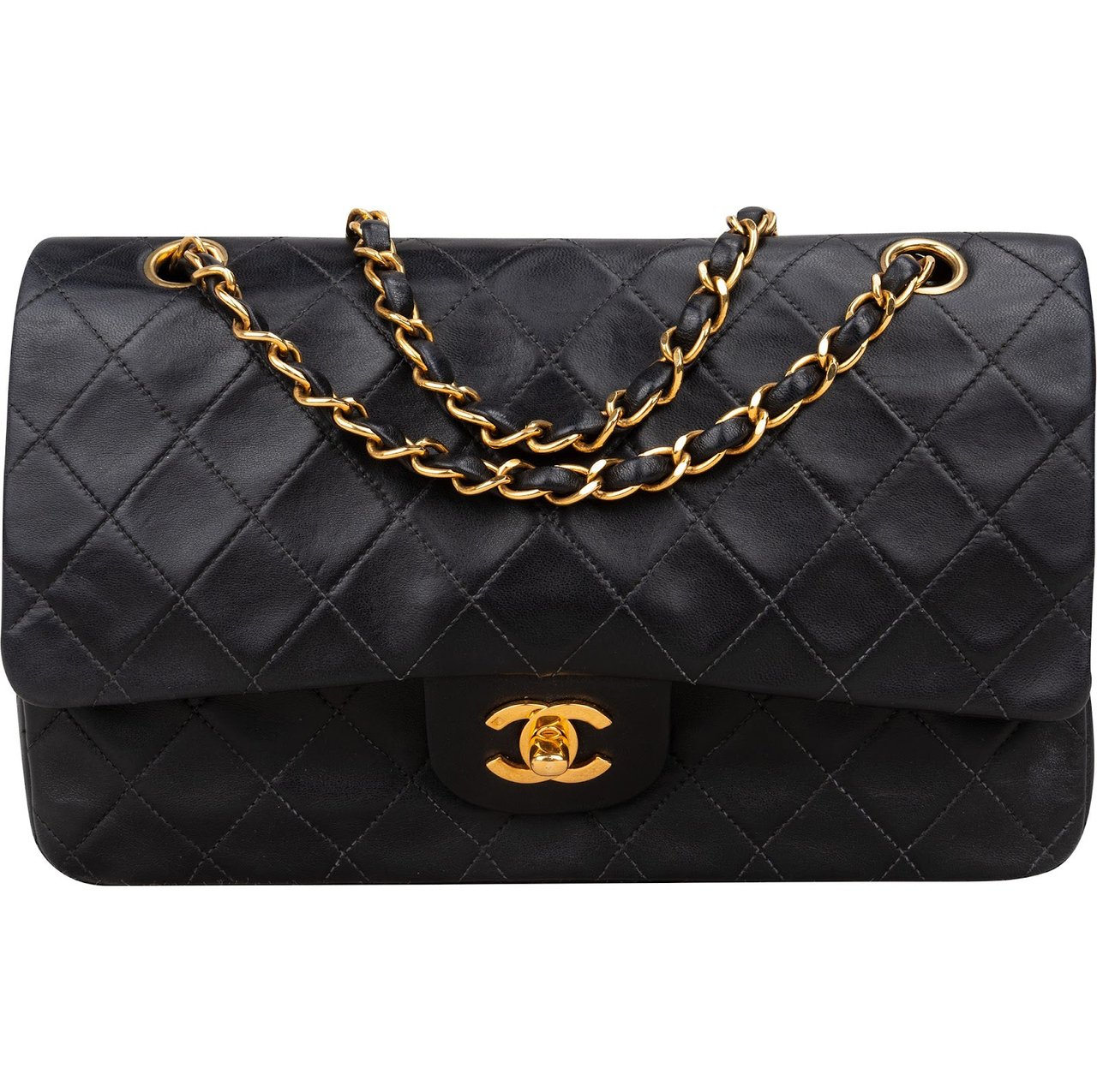 Chanel Chanel Quilted Lambskin Medium 24K Gold Medium Double Flap Crossbody Bag Zwart