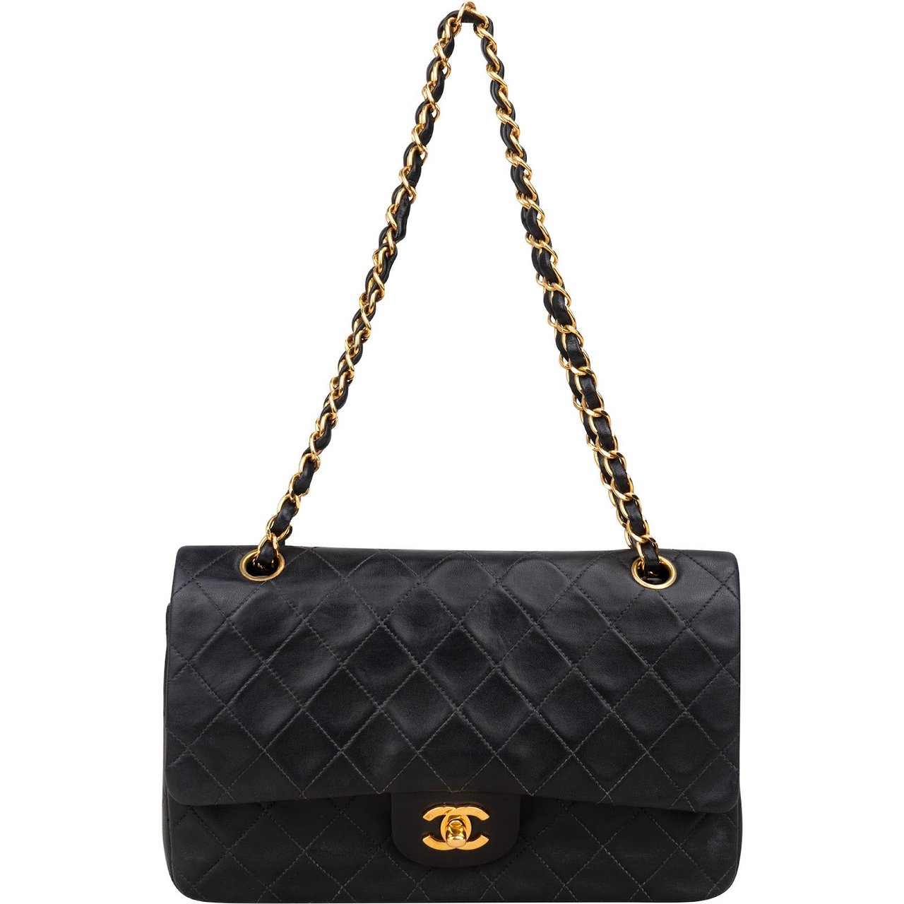 Chanel Chanel Quilted Lambskin Medium 24K Gold Medium Double Flap Crossbody Bag Zwart
