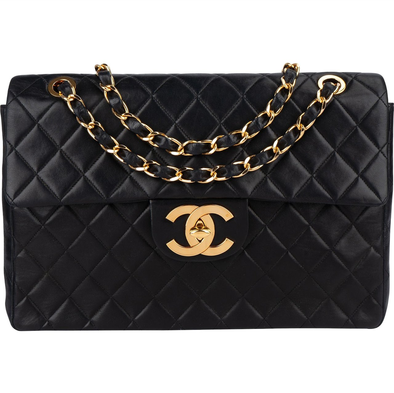 Chanel Chanel Quilted Lambskin 24K Gold Maxi Single Flap Crossbody Bag Zwart