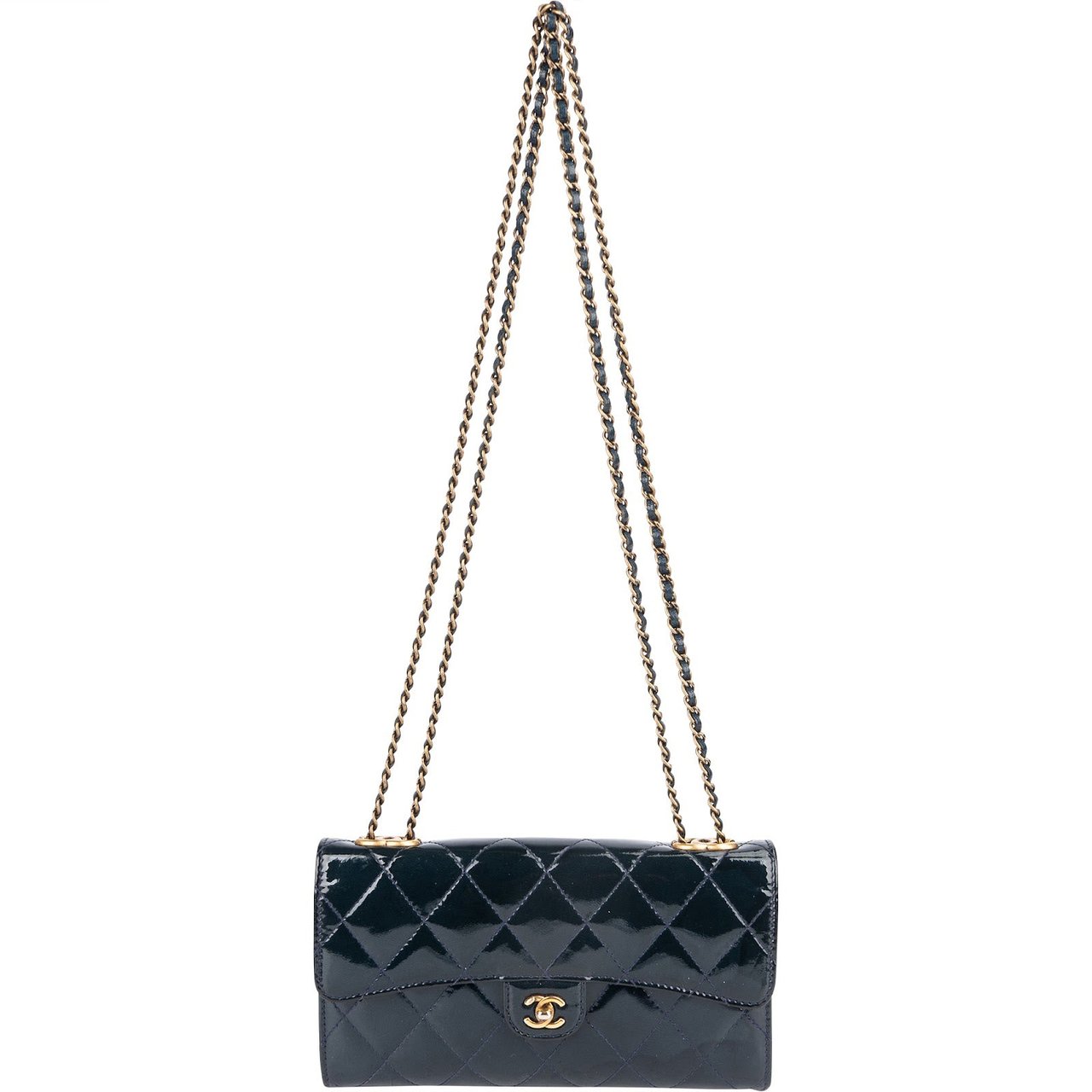 Chanel Chanel Quilted Patent Leather Single Flap Crossbody Bag Blauw