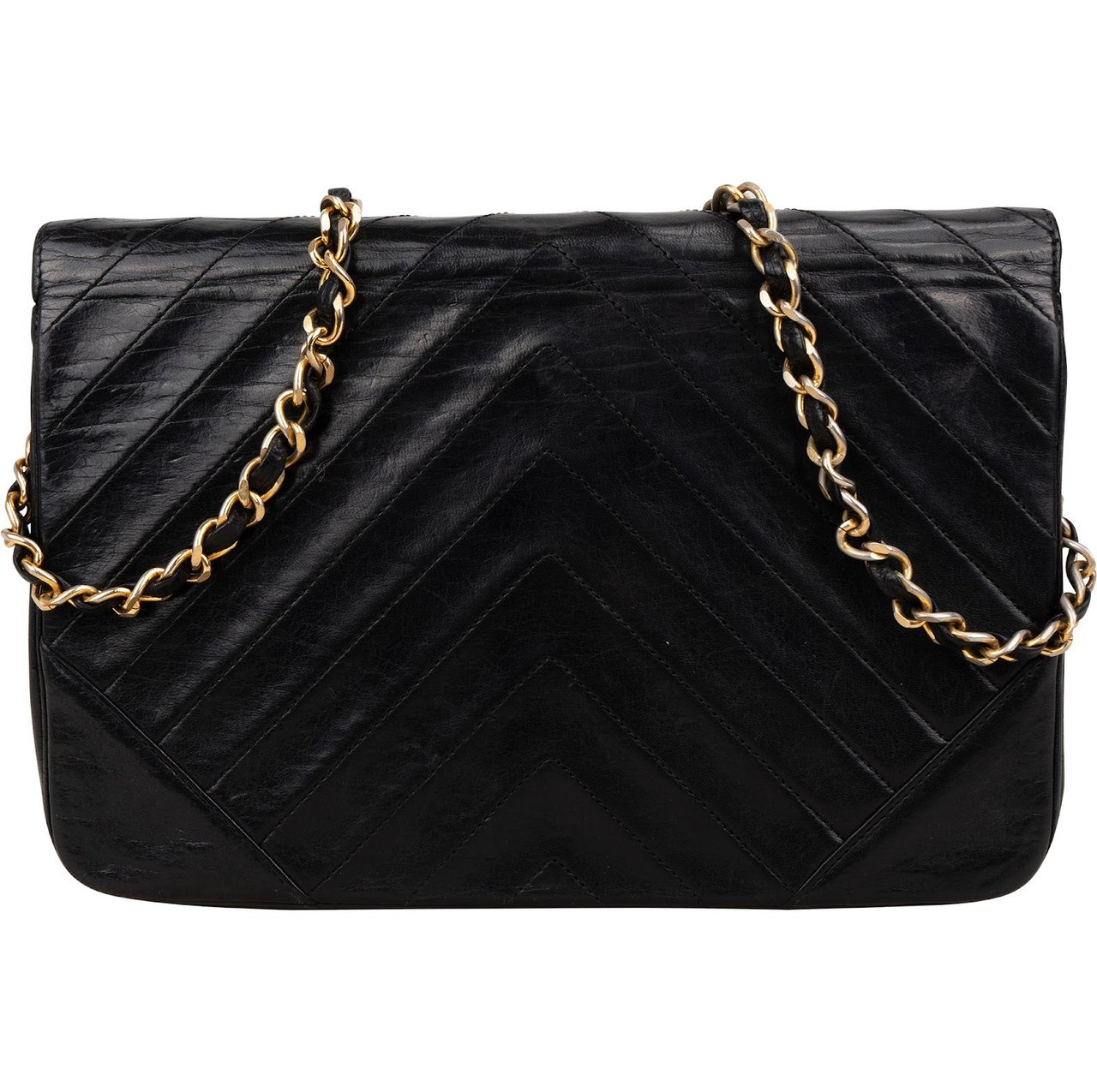 Chanel Chanel Chevron Lambskin 24K Gold Single Flap Shoulder Bag Zwart