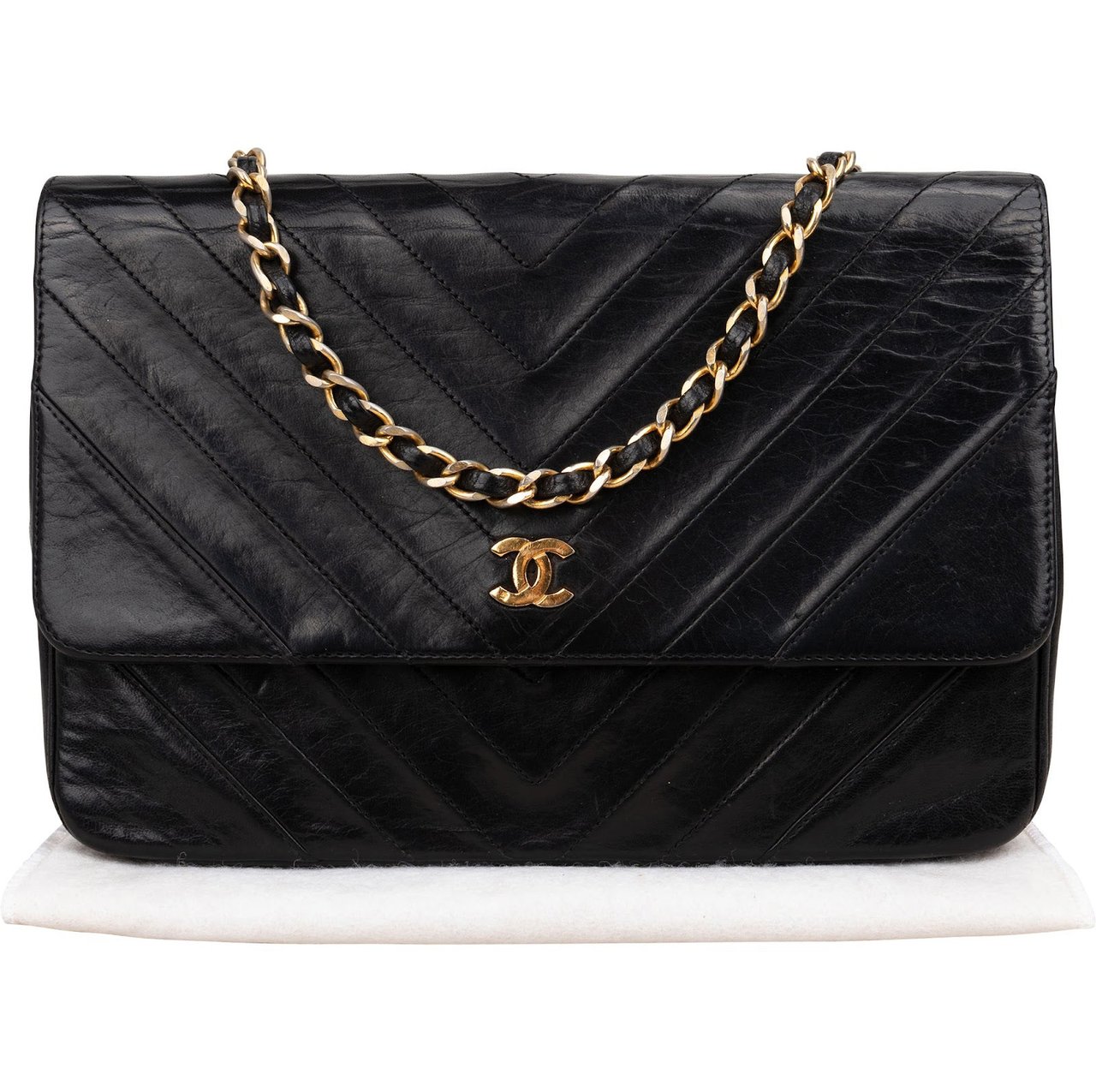 Chanel Chanel Chevron Lambskin 24K Gold Single Flap Shoulder Bag Zwart