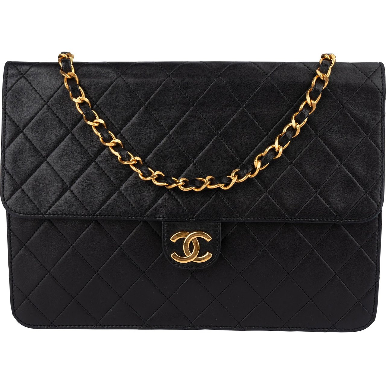 Chanel Chanel Quilted Lambskin 24K Gold Single Flap Shoulder Bag Zwart