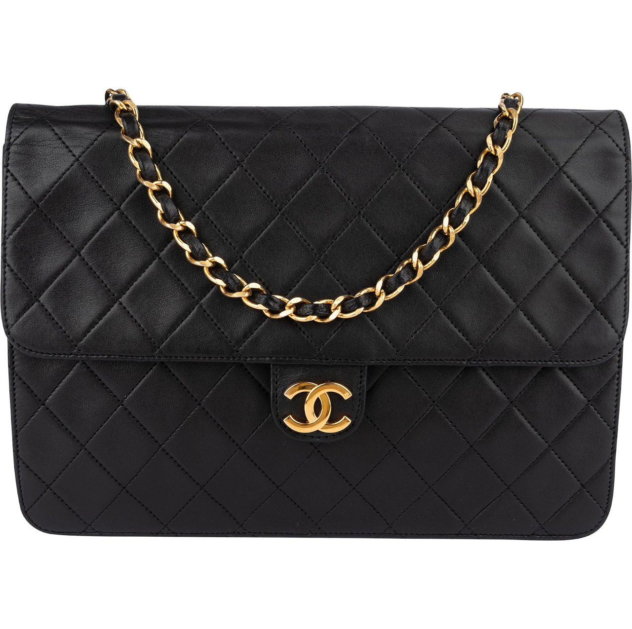 Chanel Chanel Quilted Lambskin 24K Gold Single Flap Shoulder Bag Zwart