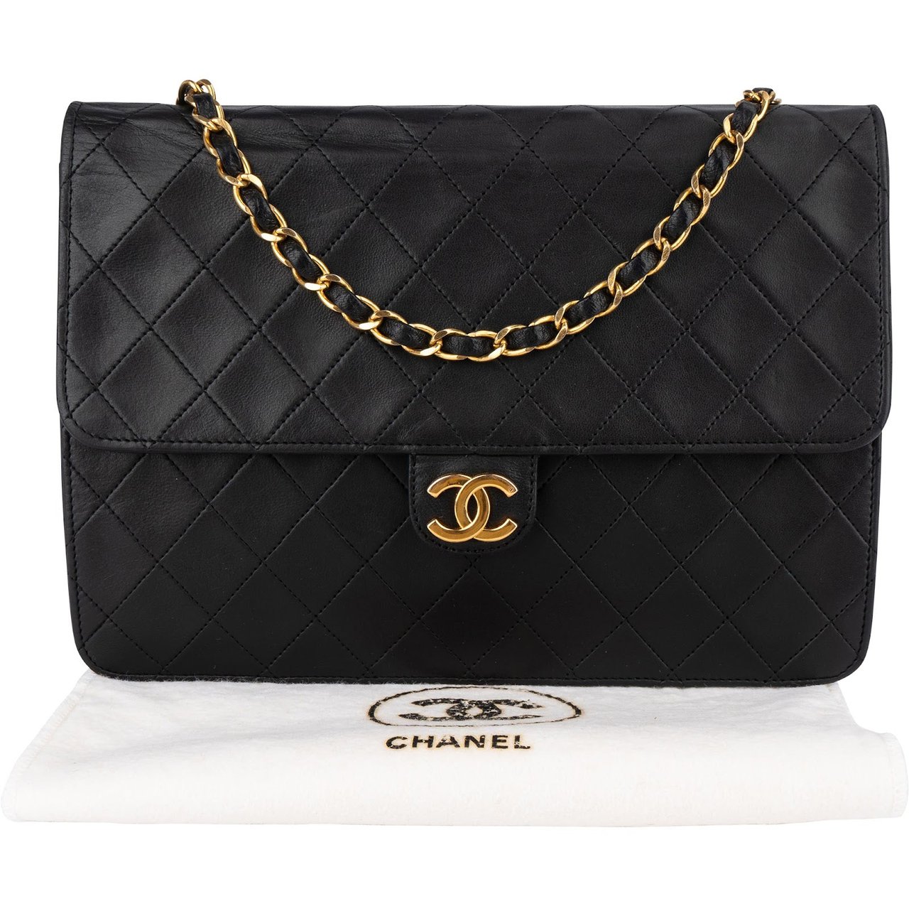 Chanel Chanel Quilted Lambskin 24K Gold Single Flap Shoulder Bag Zwart