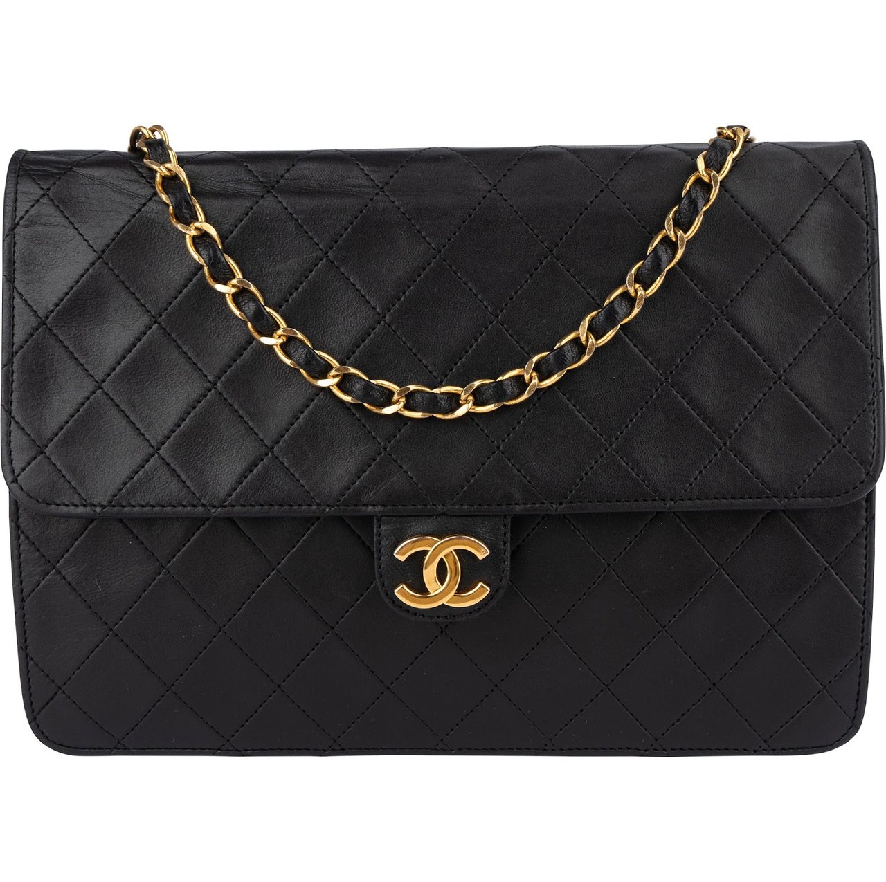 Chanel Chanel Quilted Lambskin 24K Gold Single Flap Shoulder Bag Zwart
