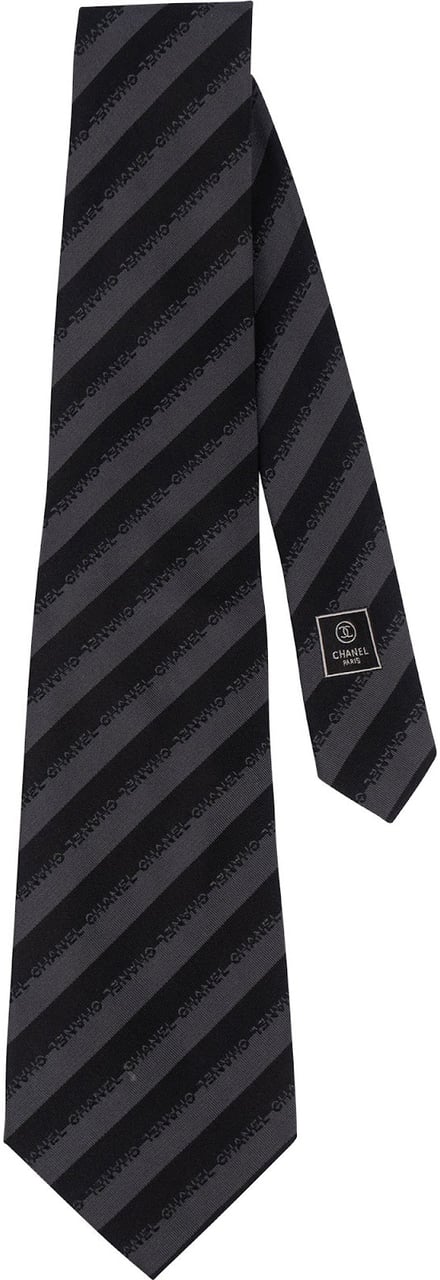 Chanel Chanel Striped Emblem Silk Tie Krawatte Zwart