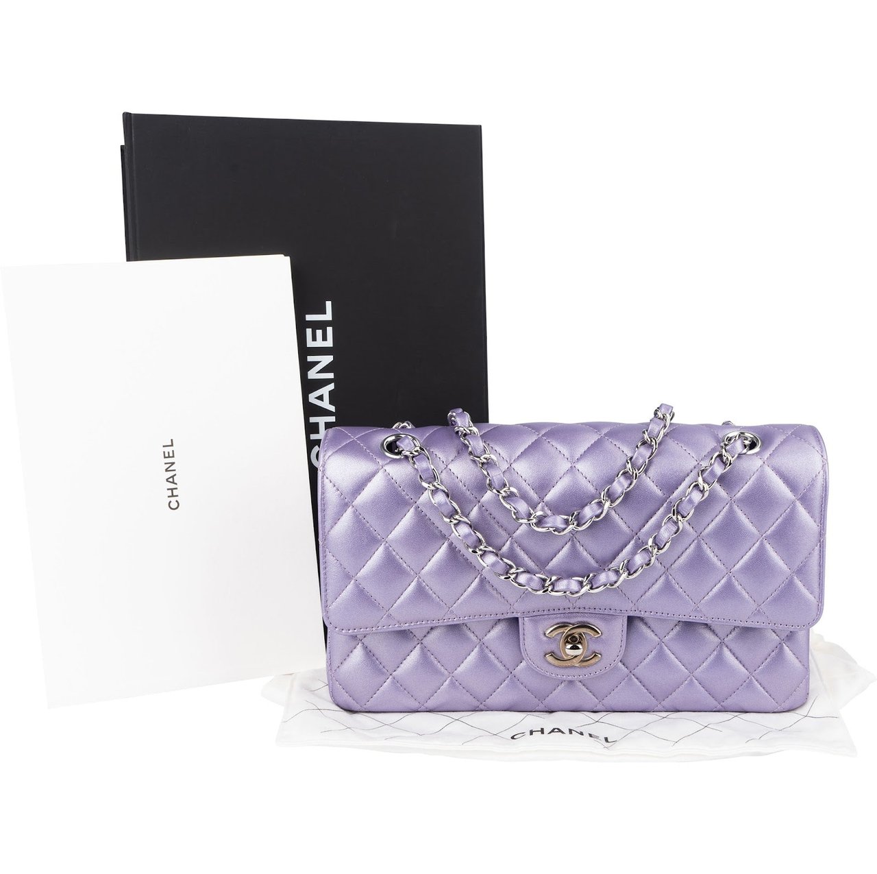 Chanel Quilted Metallic Lambskin Medium Double Flap Crossbody Bag Paars