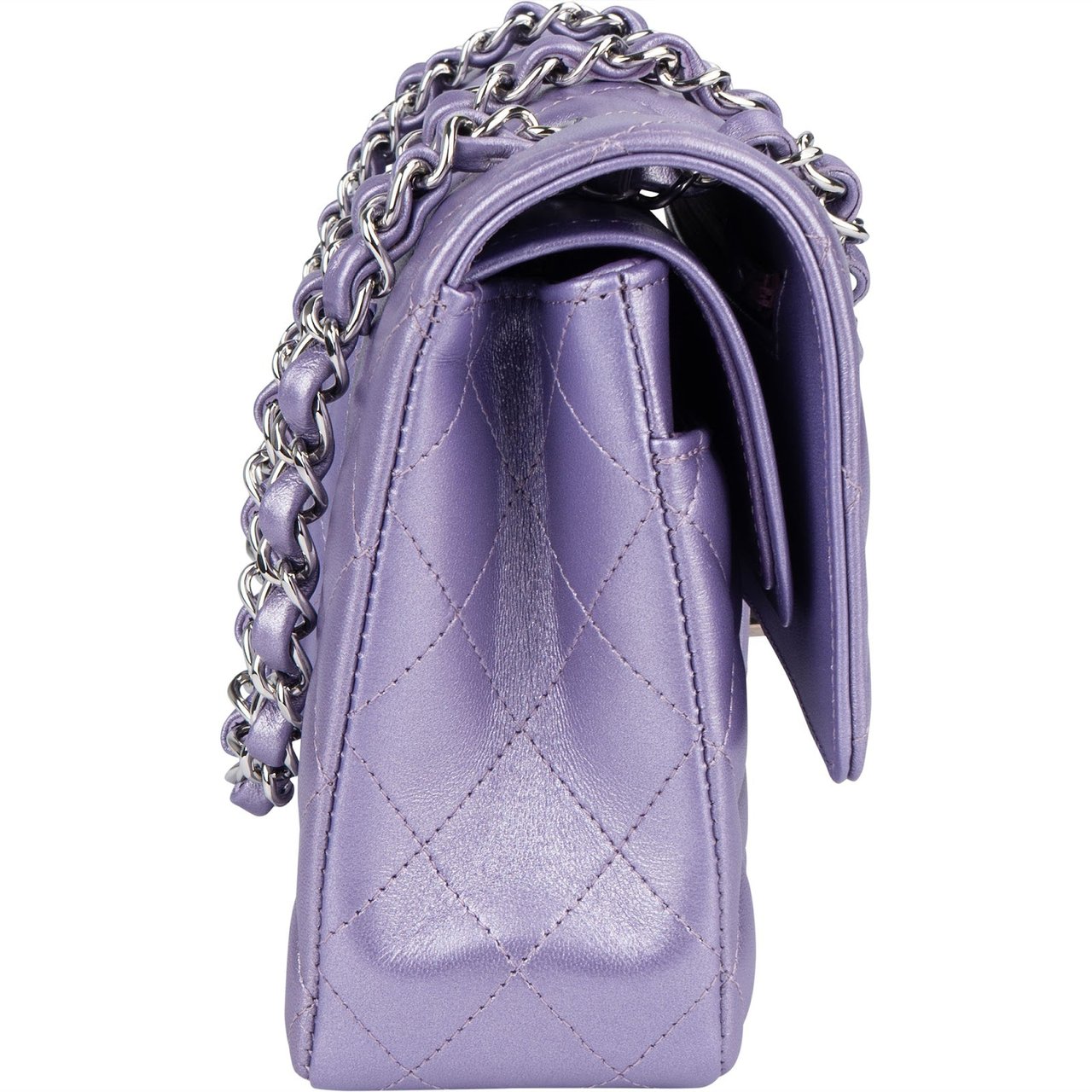 Chanel Quilted Metallic Lambskin Medium Double Flap Crossbody Bag Paars